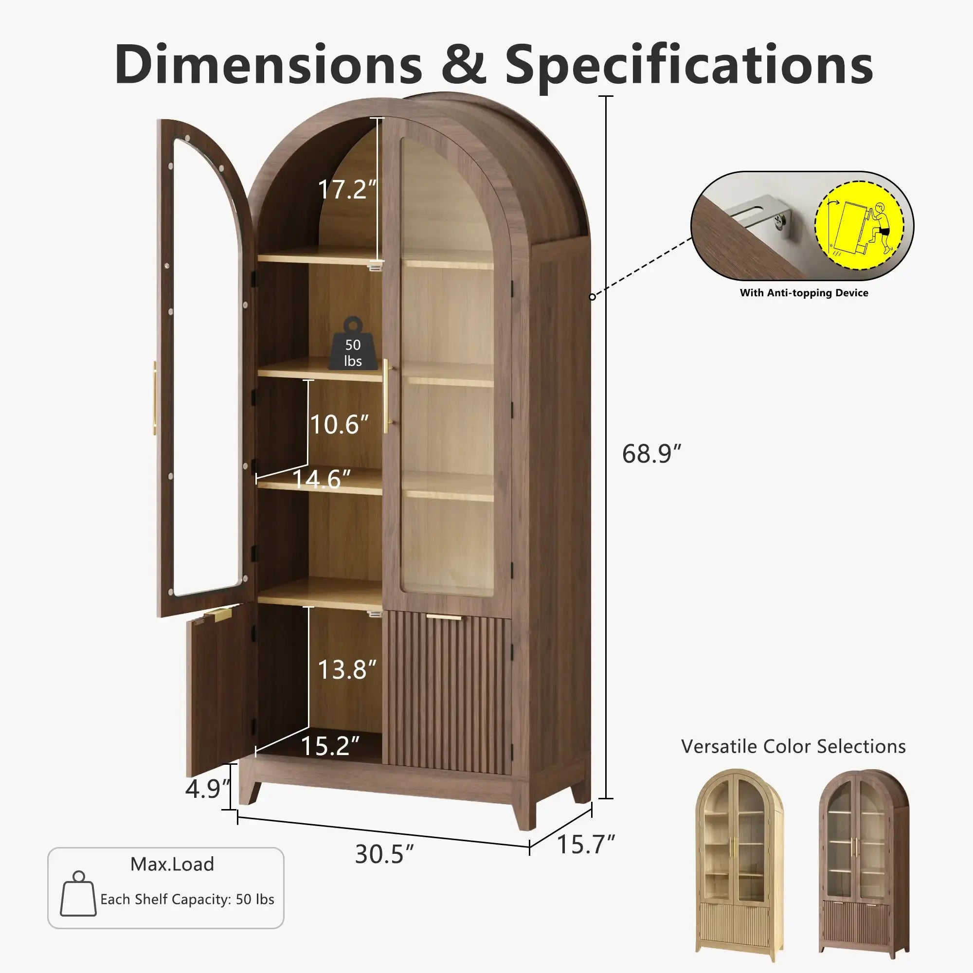  Dimensions & Specifications of Win2Win Tall Arched Cabinet with Glass Doors, Walnut Storage Cabinet with Fluted Doors, including size, shelf capacity, and anti-topping device