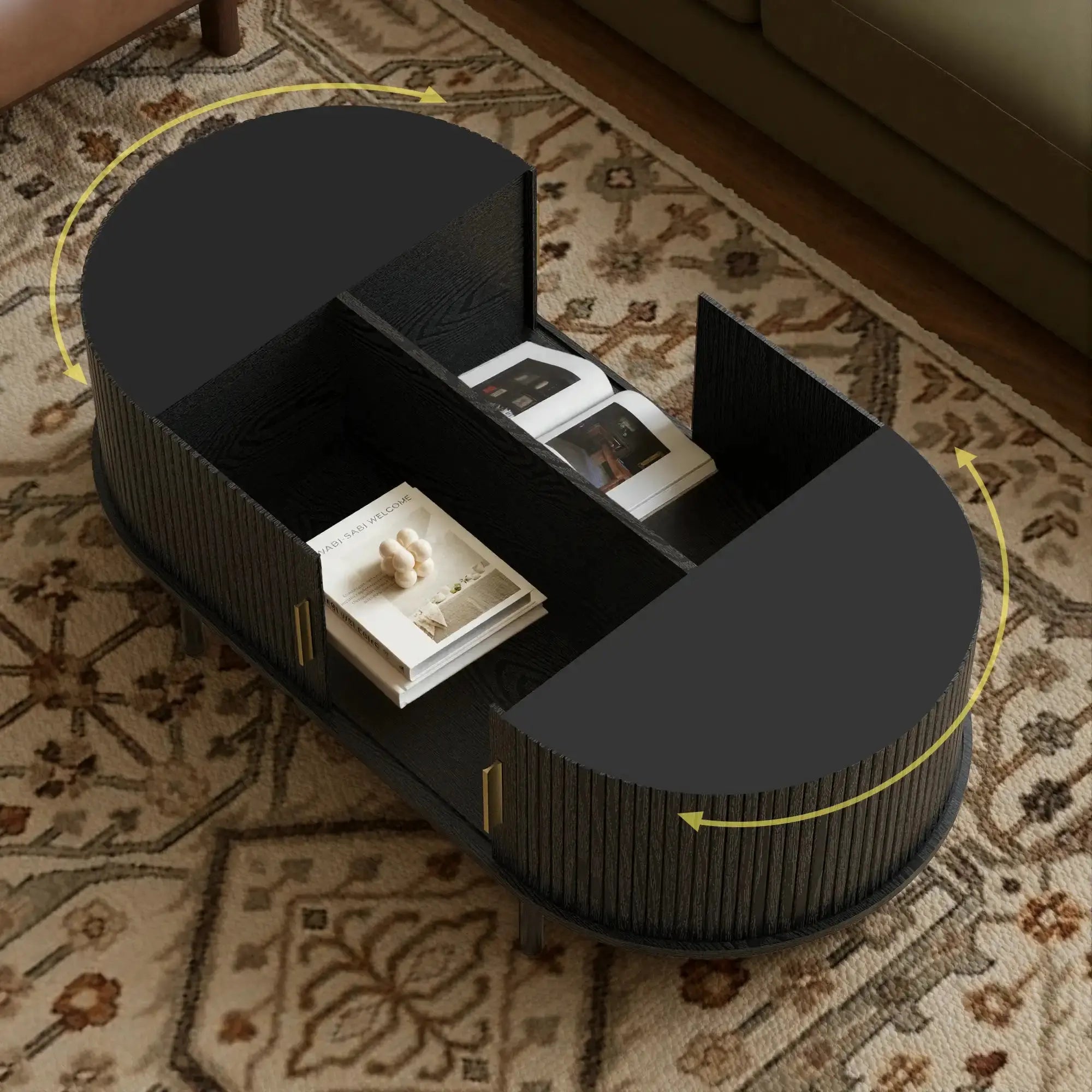 Win2Win Oval Coffee Table with Storage, Black Fluted Center Table win2win