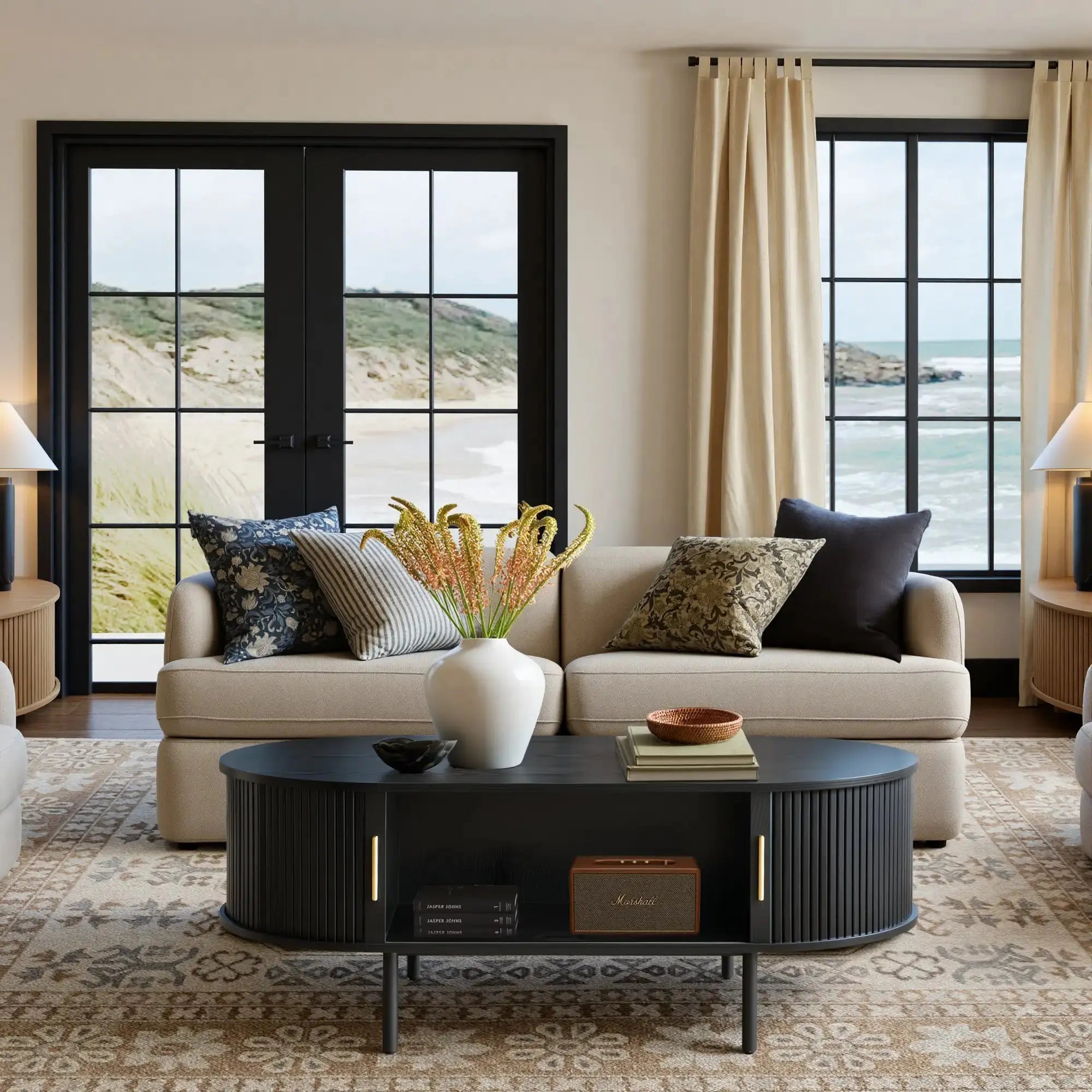 Win2Win Oval Coffee Table with Storage, Black Fluted Center Table win2win