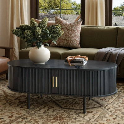Win2Win Oval Coffee Table with Storage, Black Fluted Center Table