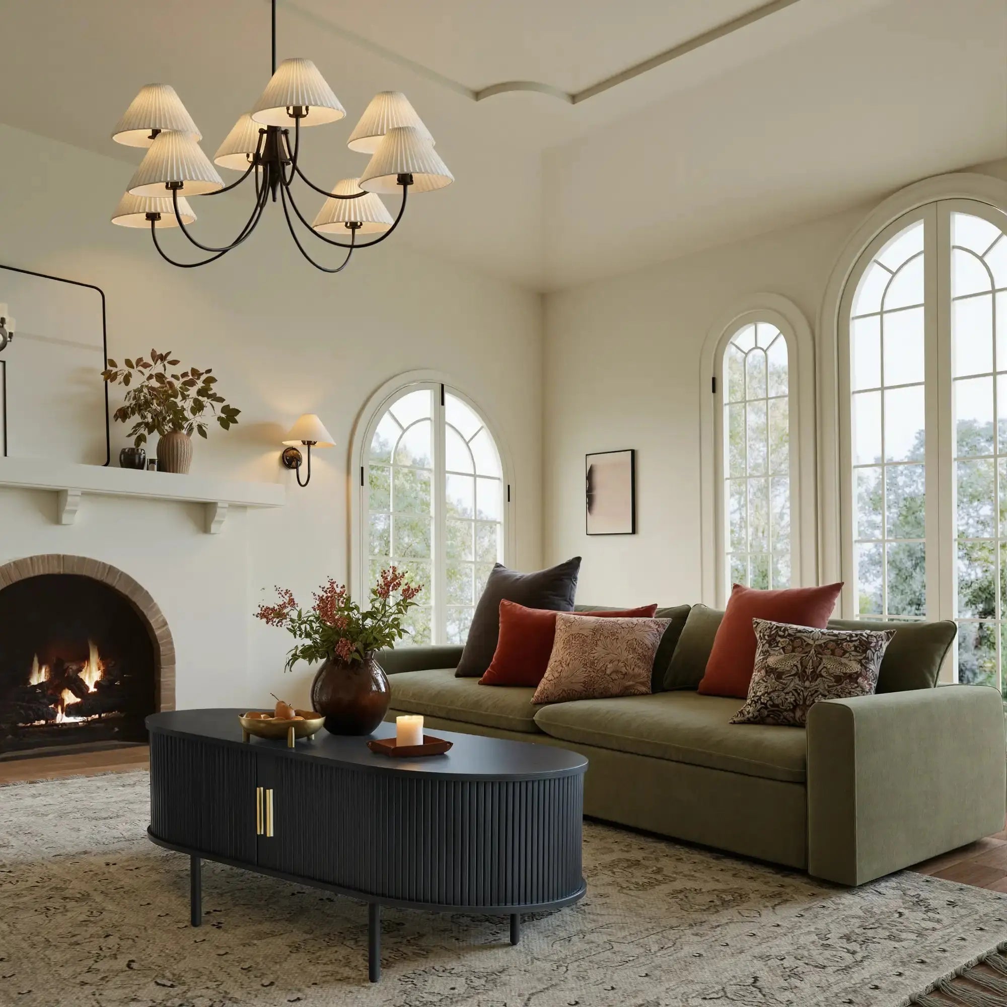 Win2Win Oval Coffee Table with Storage, Black Fluted Center Table win2win