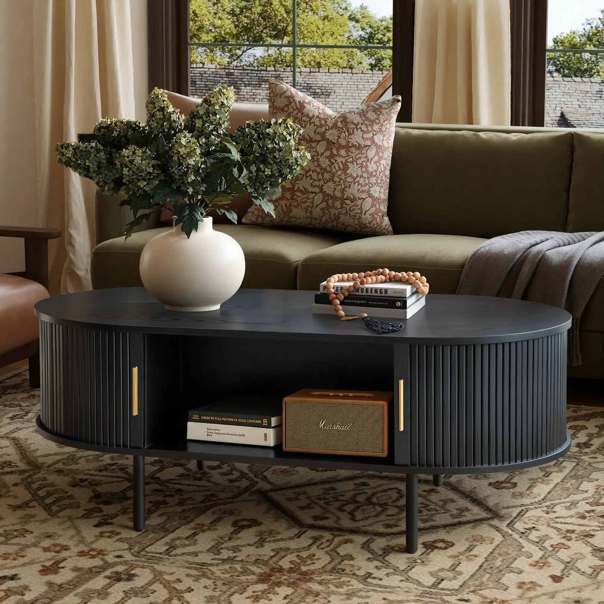 Win2Win Oval Coffee Table with Storage, Black Fluted Center Table win2win