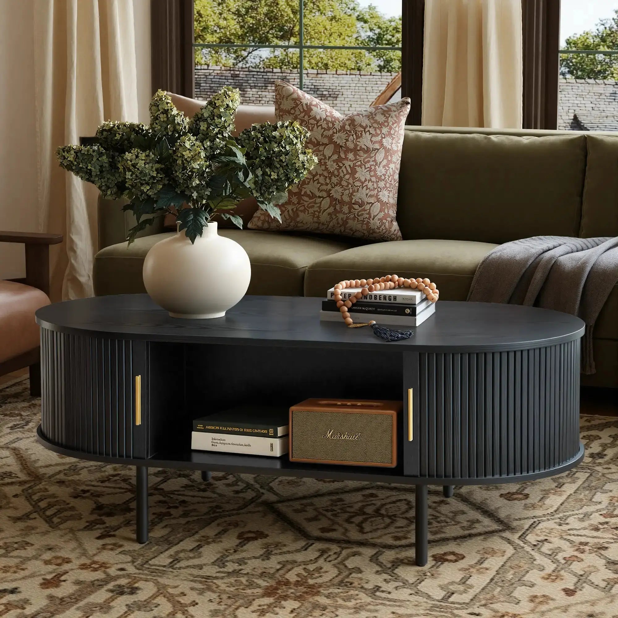 Win2Win Oval Coffee Table with Storage, Black Fluted Center Table win2win