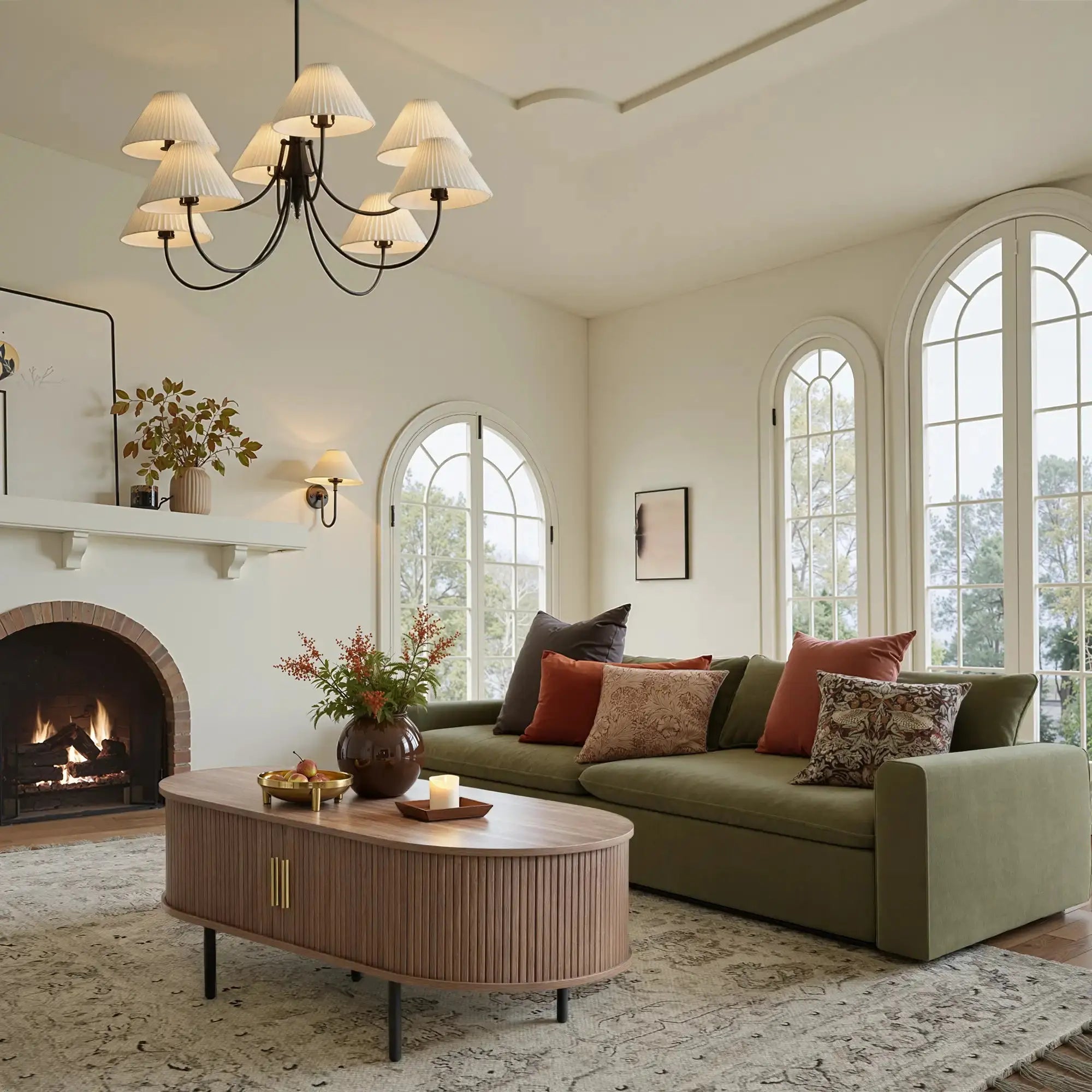 Win2Win_Oval_Coffee_Table_with_Storage_Walnut_Fluted_Center_Table_with_the_door_open_showcasing_internal_storage_space