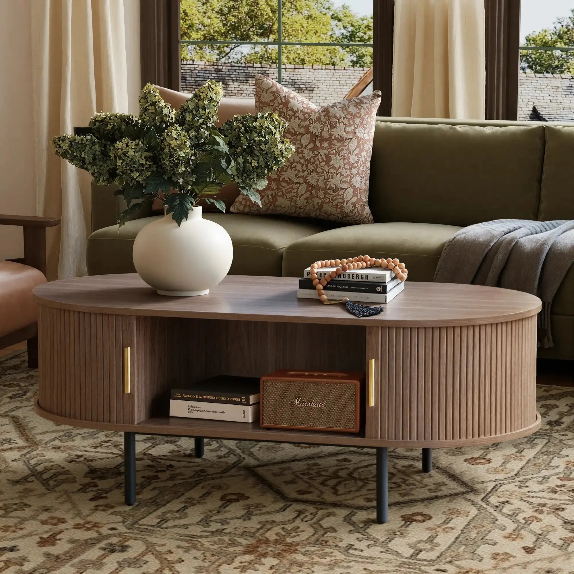 Win2Win_Oval_Coffee_Table_with_Storage_Walnut_Fluted_Center_Table_with_the_door_open_showcasing_internal_storage_space