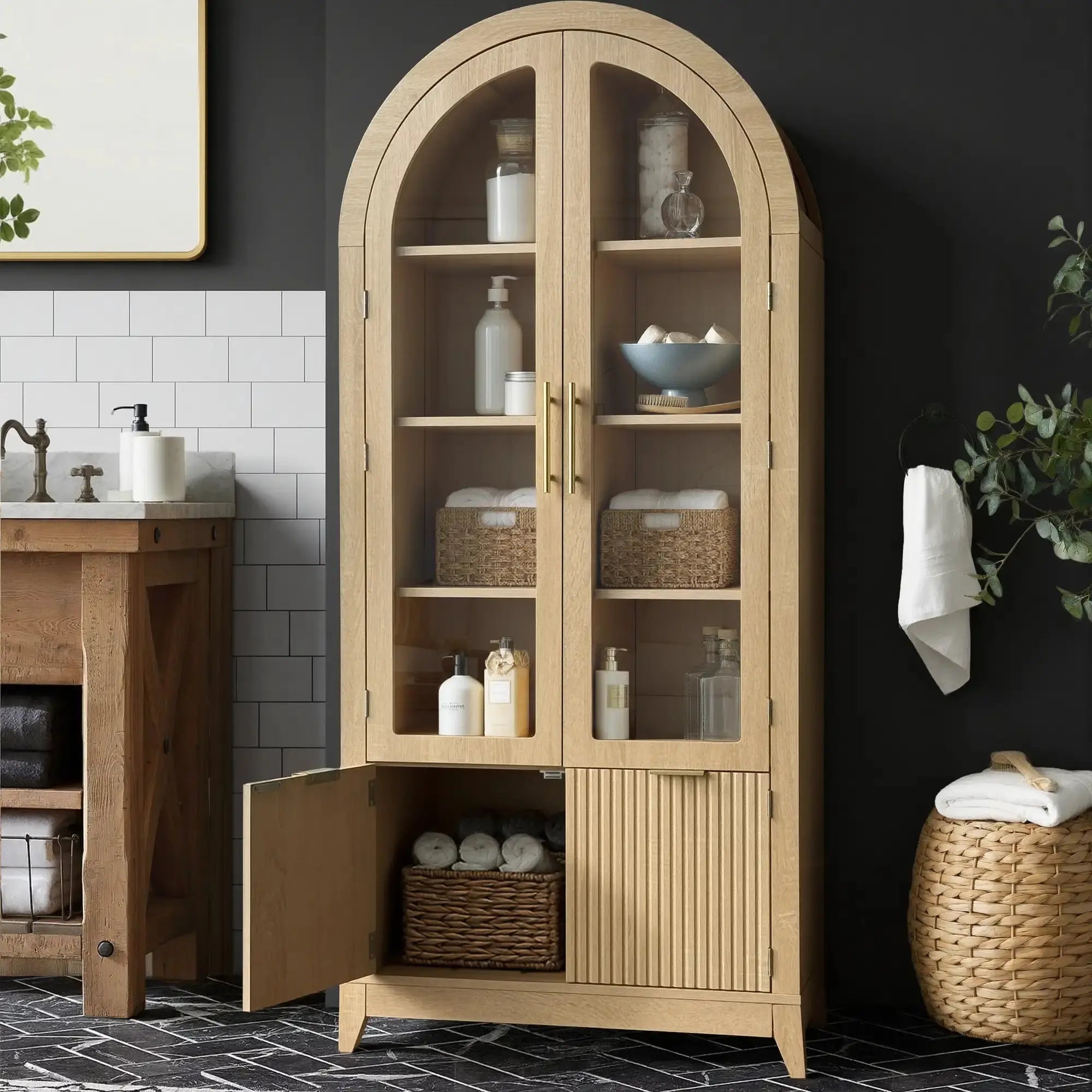 Win2Win Tall Arched Cabinet with Glass Doors, Oak Storage Cabinet with Fluted Doors in a bathroom, storing toiletries and towels
