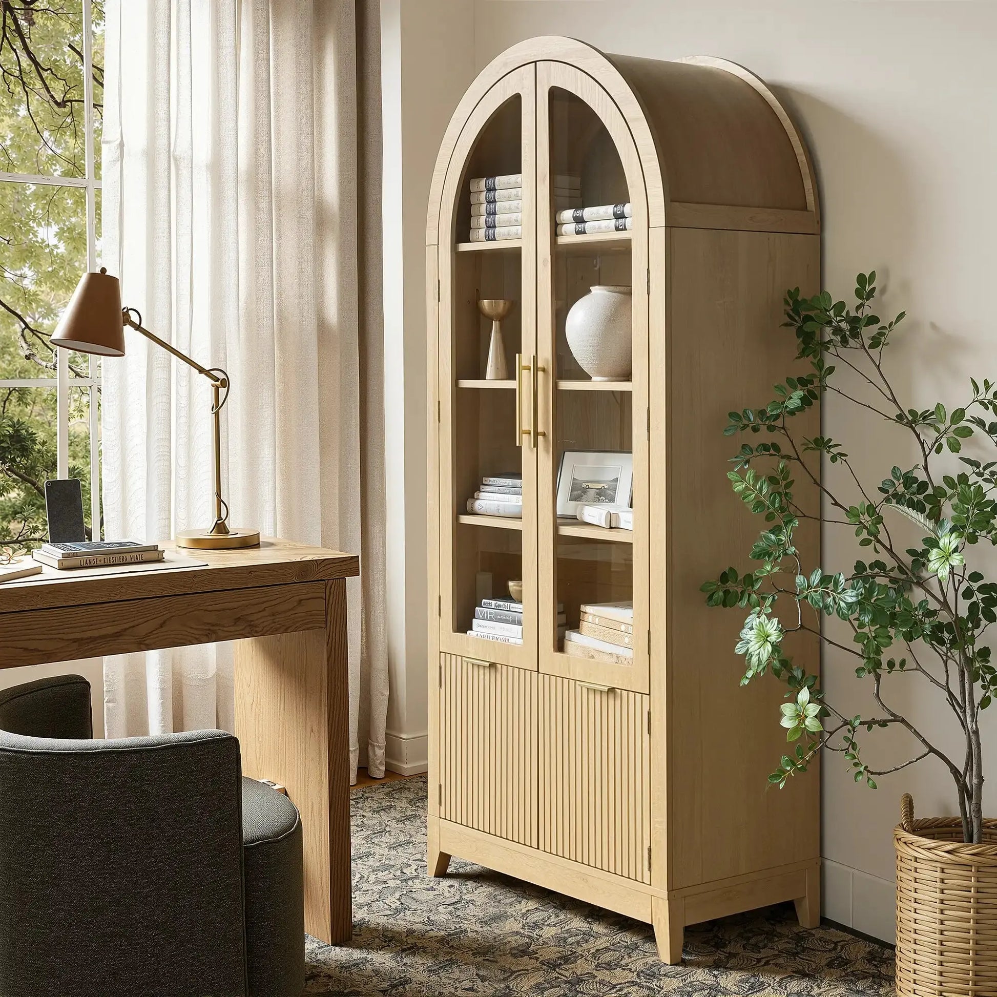 Win2Win Tall Arched Cabinet with Glass Doors, Oak Storage Cabinet with Fluted Doors in a home office, combined with a desk, chair, and floor lamp
