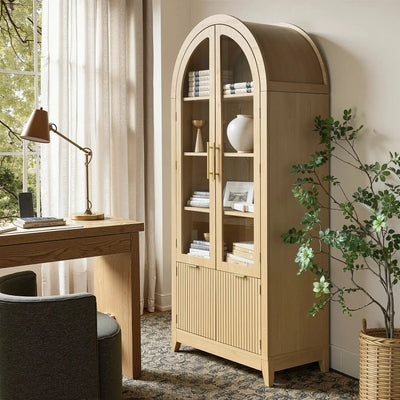 Win2Win Tall Arched Cabinet with Glass Doors, Oak Storage Cabinet with Fluted Doors