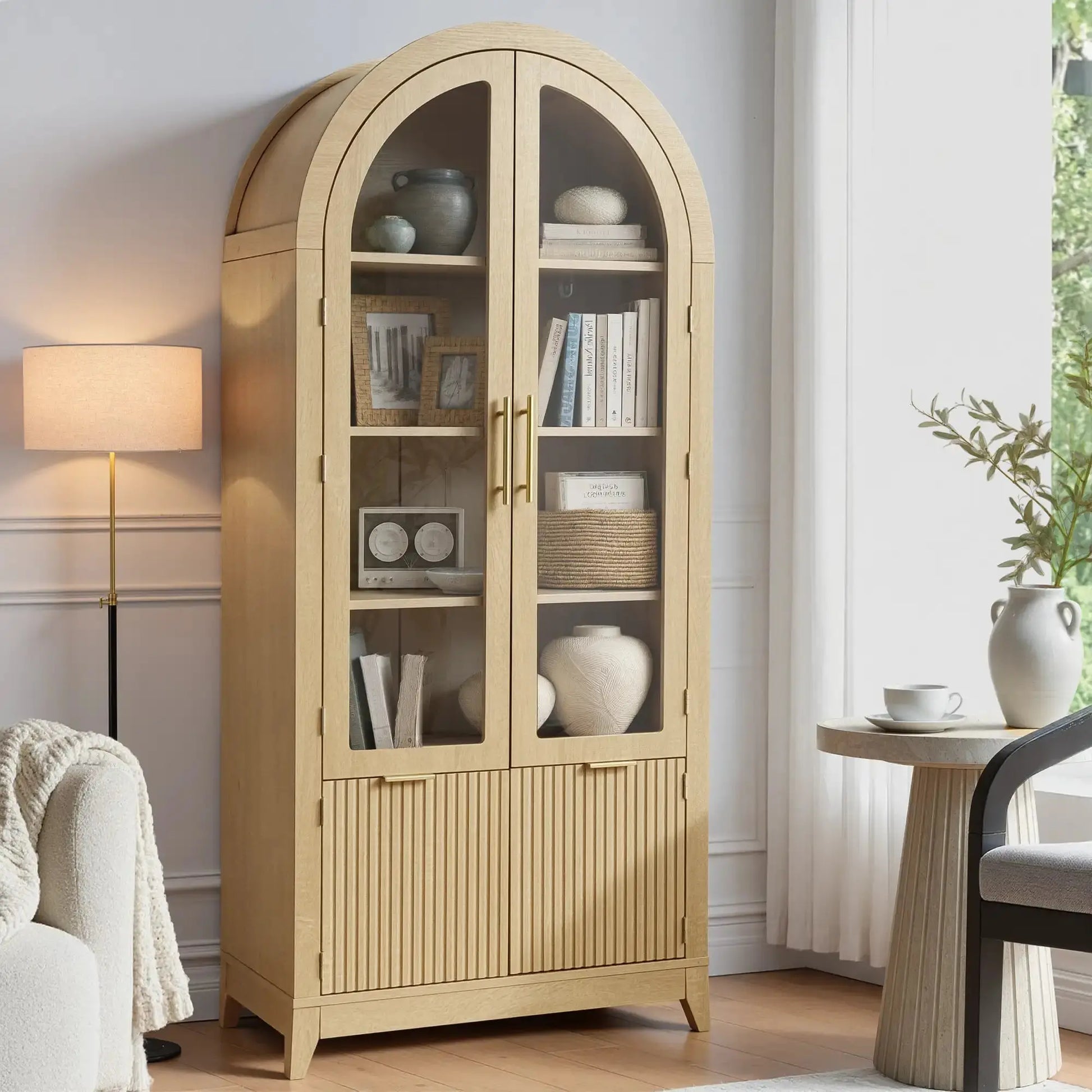 Win2Win Tall Arched Cabinet with Glass Doors, Oak Storage Cabinet with Fluted Doors in a living room setting, paired with a sofa, floor lamp, and side table
