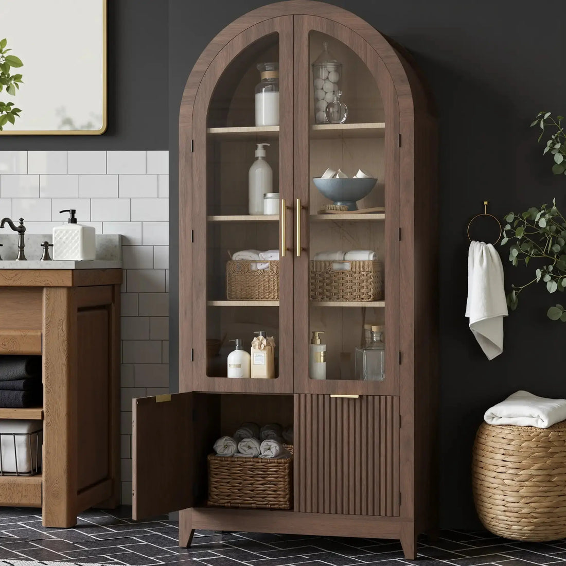 Win2Win Tall Arched Cabinet with Glass Doors, Walnut Storage Cabinet with Fluted Doors in a bathroom setting, storing toiletries and towels
