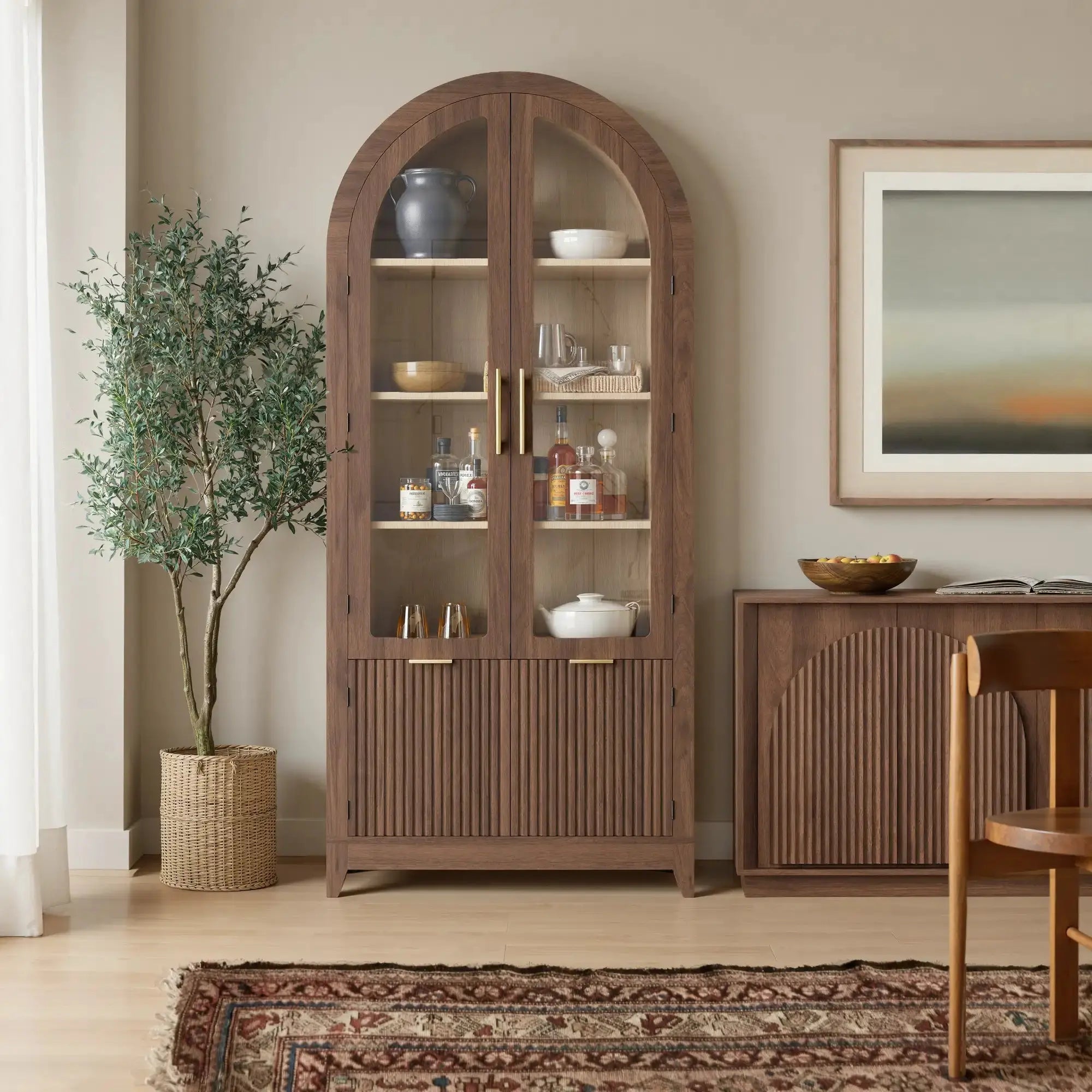 Win2Win Tall Arched Cabinet with Glass Doors, Walnut Storage Cabinet with Fluted Doors in a dining room setting, storing tableware and spirits