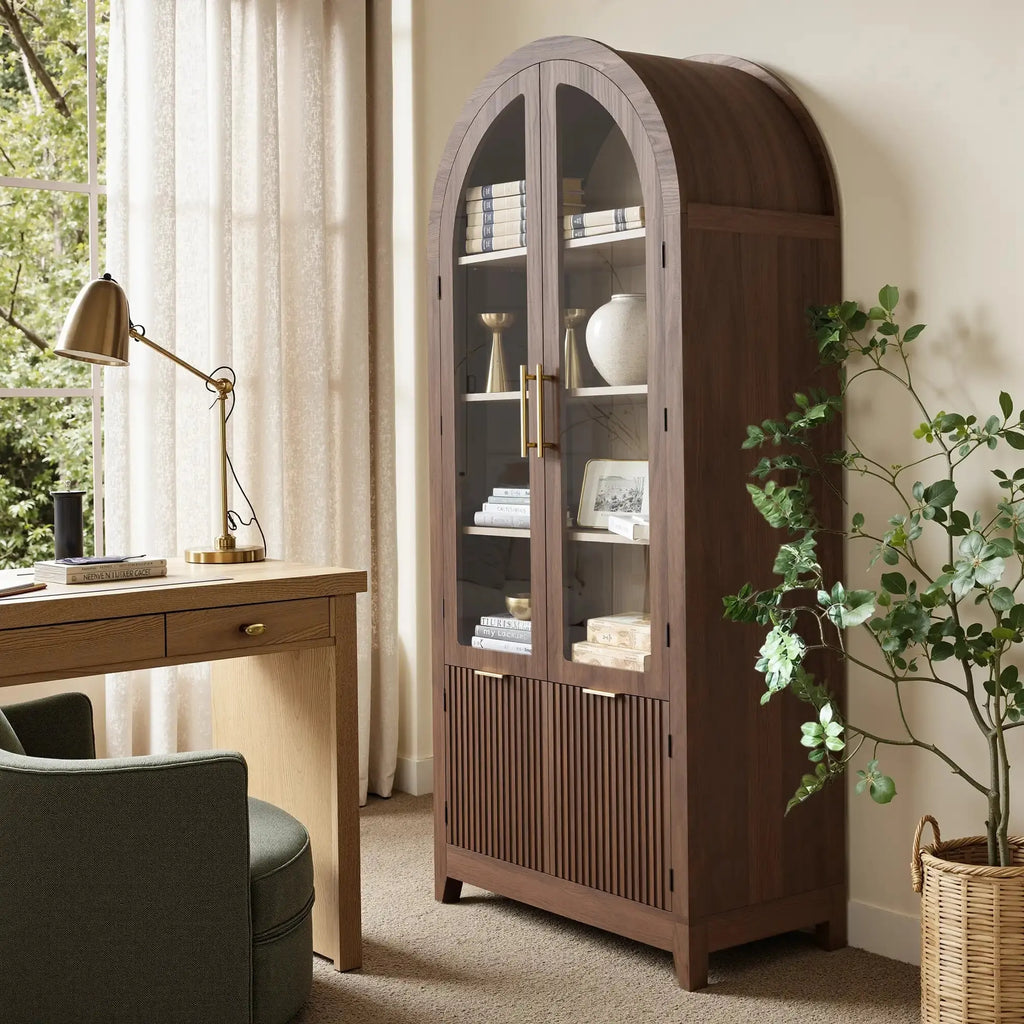 Win2Win Tall Arched Cabinet with Glass Doors, Walnut Storage Cabinet with Fluted Doors win2win