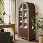 Win2Win Tall Arched Cabinet with Glass Doors, Walnut Storage Cabinet with Fluted Doors win2win