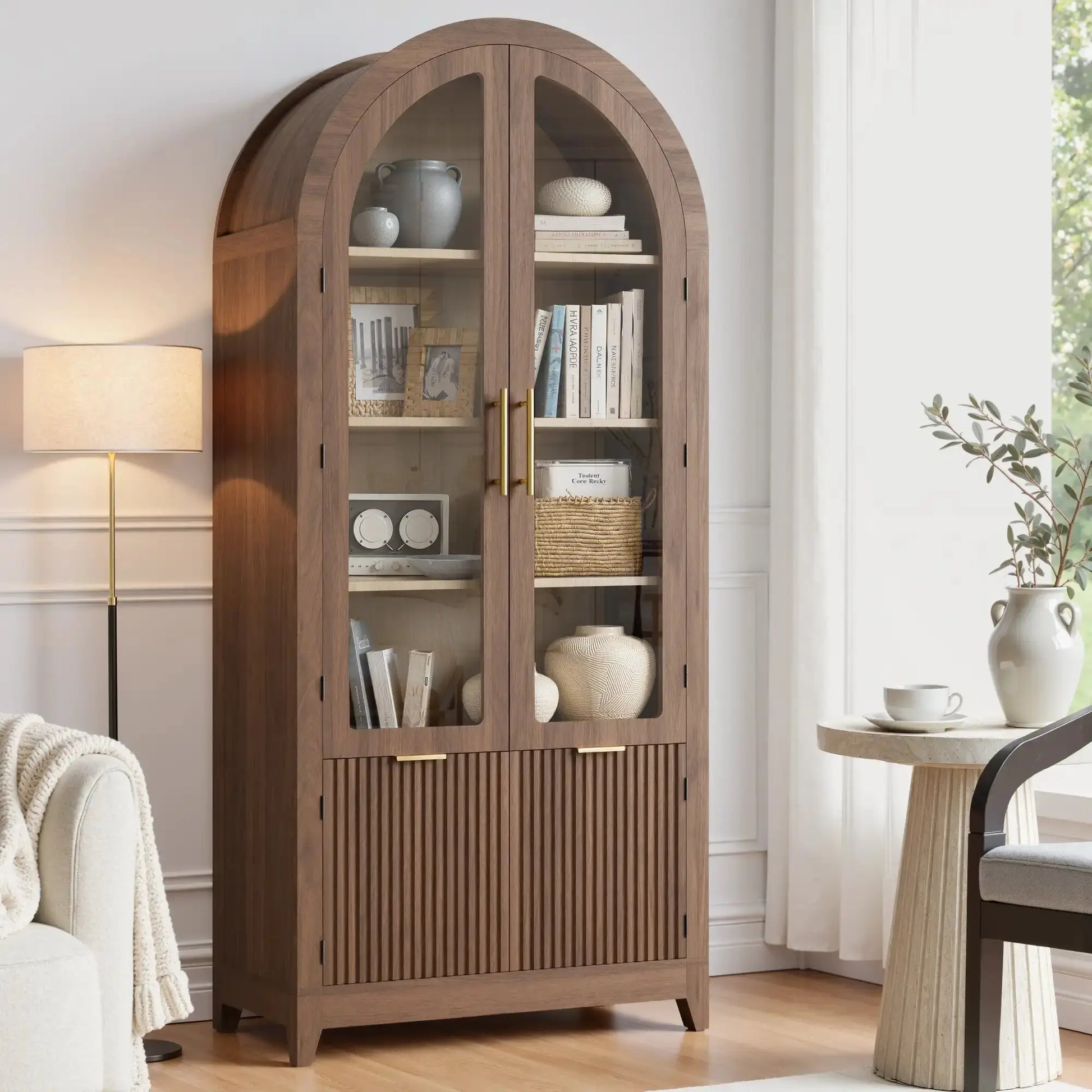 Win2Win Tall Arched Cabinet with Glass Doors, Walnut Storage Cabinet with Fluted Doors in a living room setting, paired with a sofa, floor lamp, and side table
