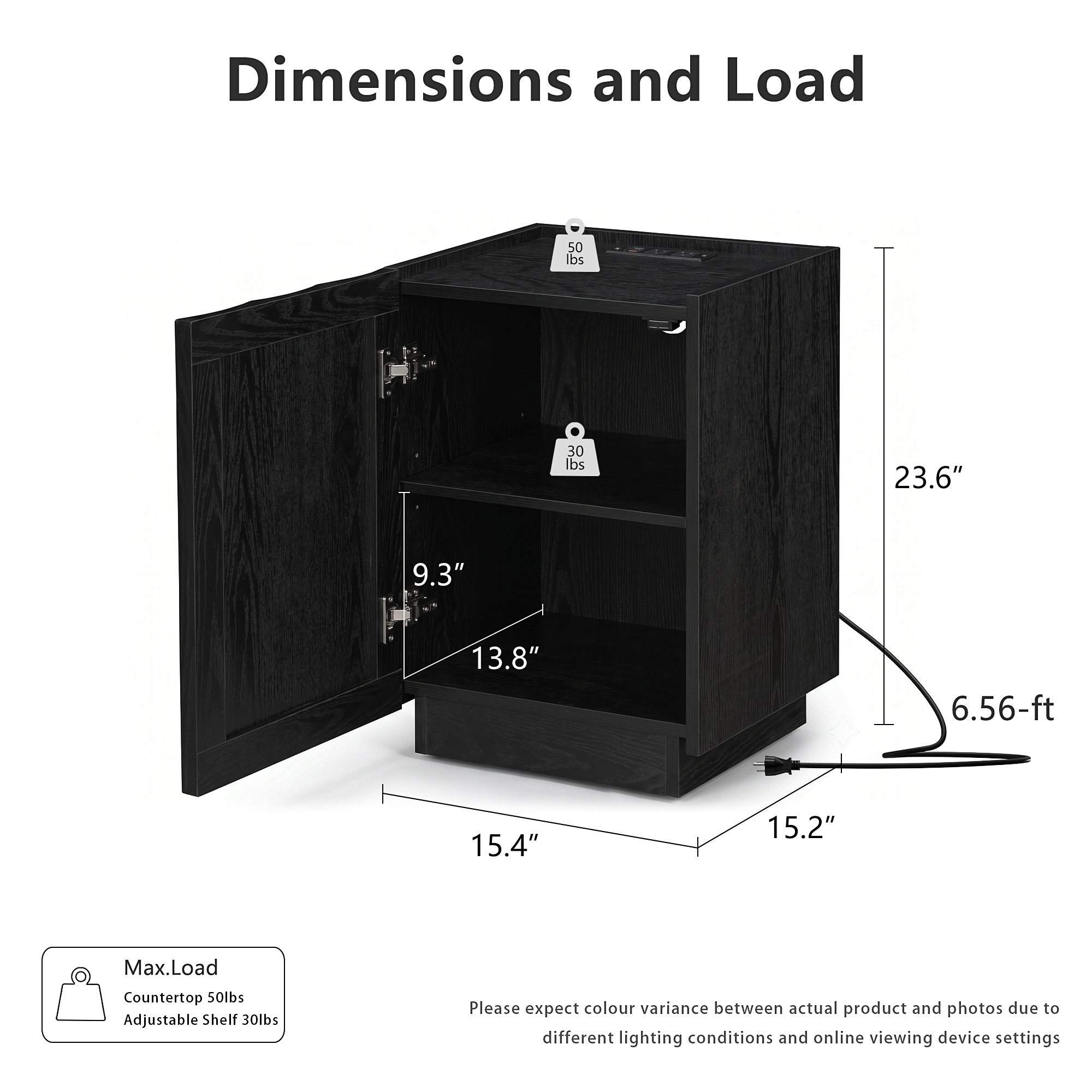 win2win Side Table with Charging Station, Modern Minimalist End Table with Wave Design, Wood Grain Finish, 15.4" Nightstand with Storage, Bedside Table for Bedroom Living Room, Black