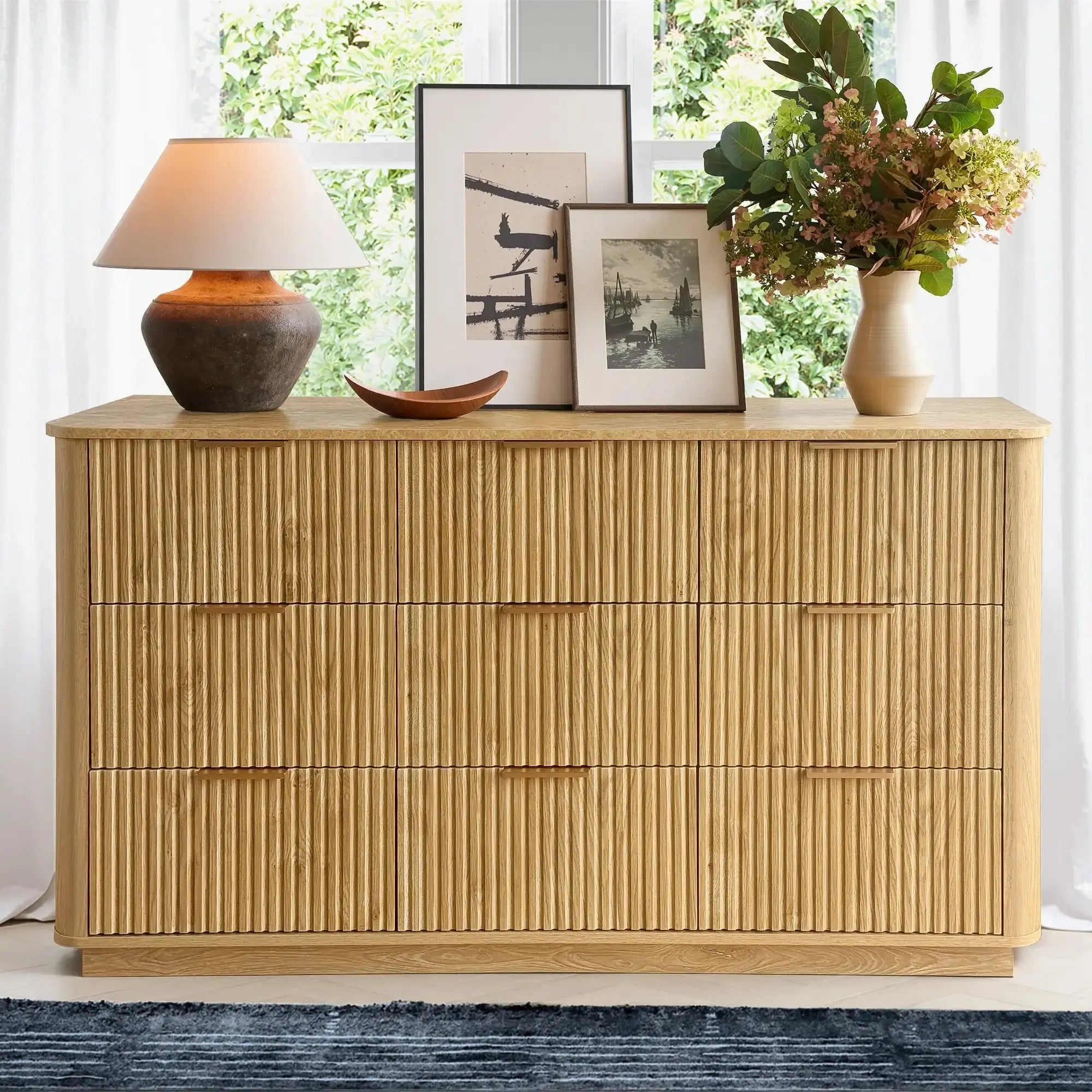 Win2Win Modern Boho 9-Drawer Dresser – Oak Fluted Chest win2win