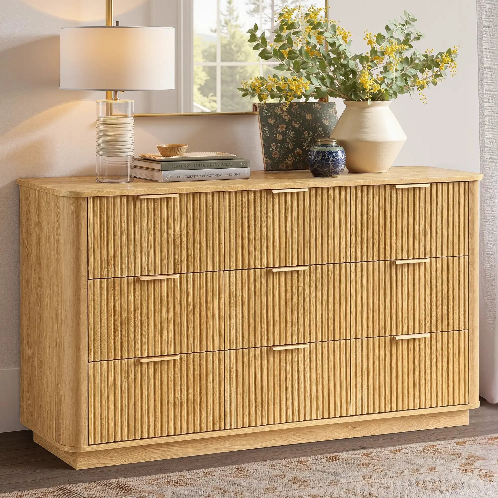 Win2Win Modern Boho 9-Drawer Dresser – Oak Fluted Chest win2win