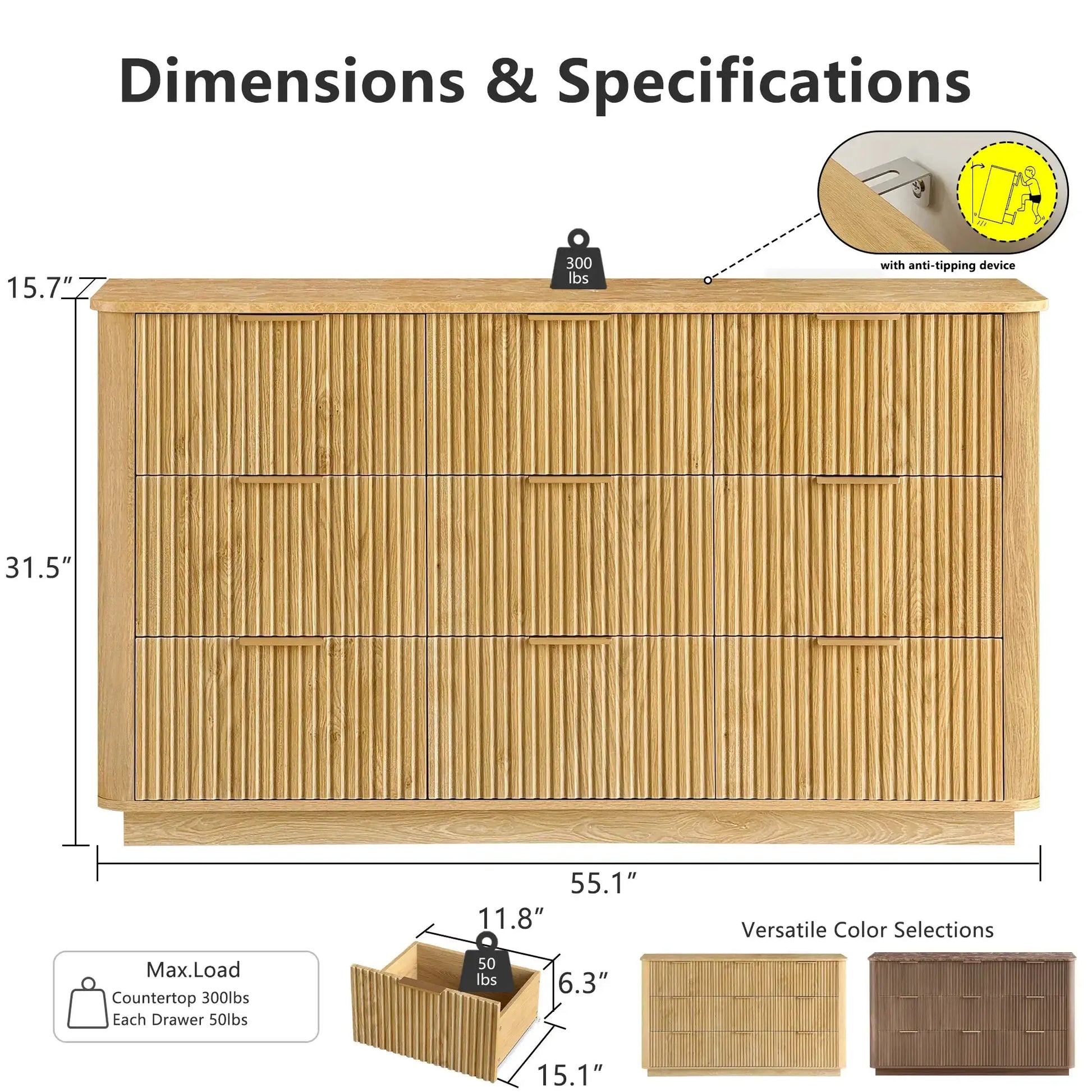 Win2Win Modern Boho 9-Drawer Dresser – Oak Fluted Chest win2win