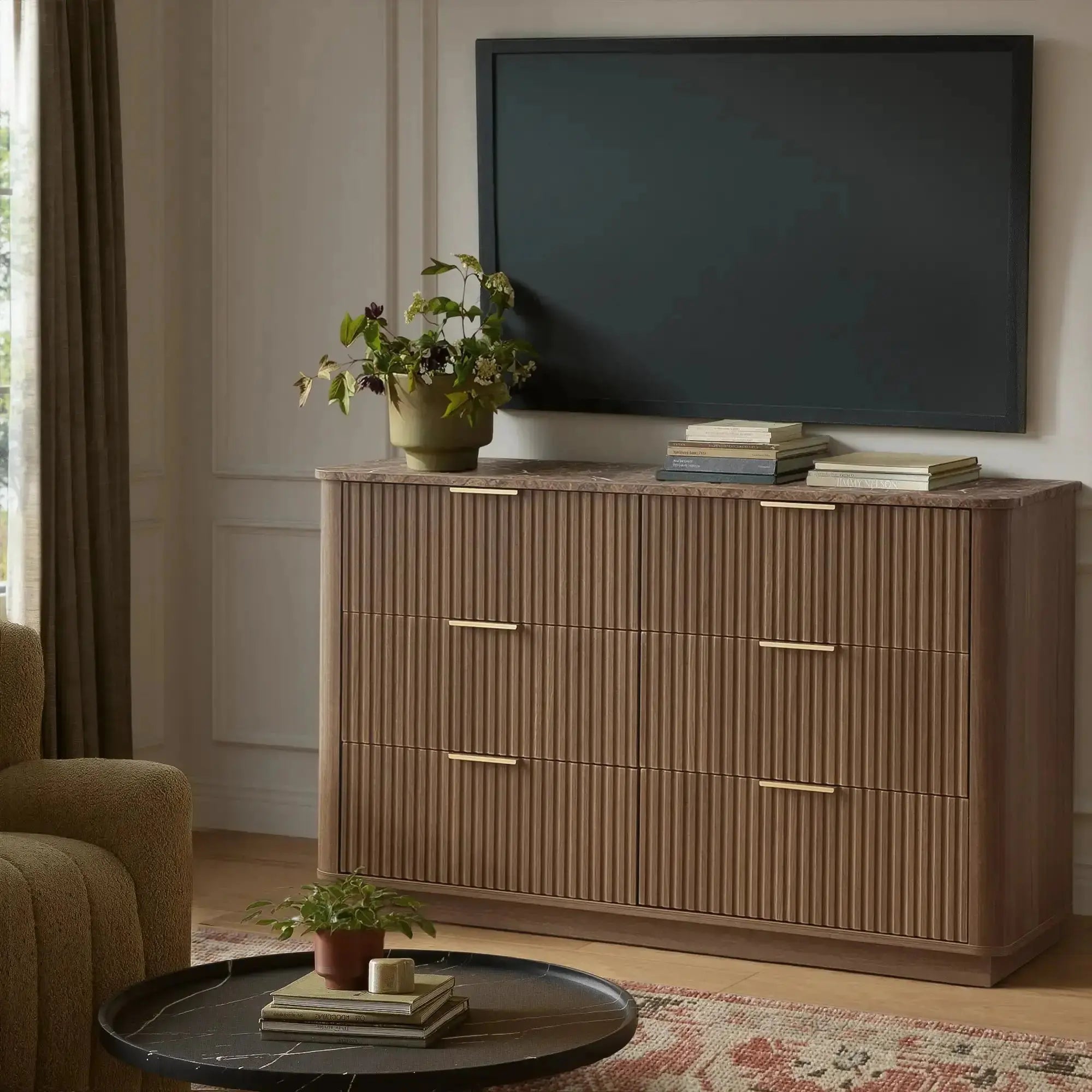 Win2Win Modern Boho 6-Drawer Dresser – walnut Fluted Chest win2win