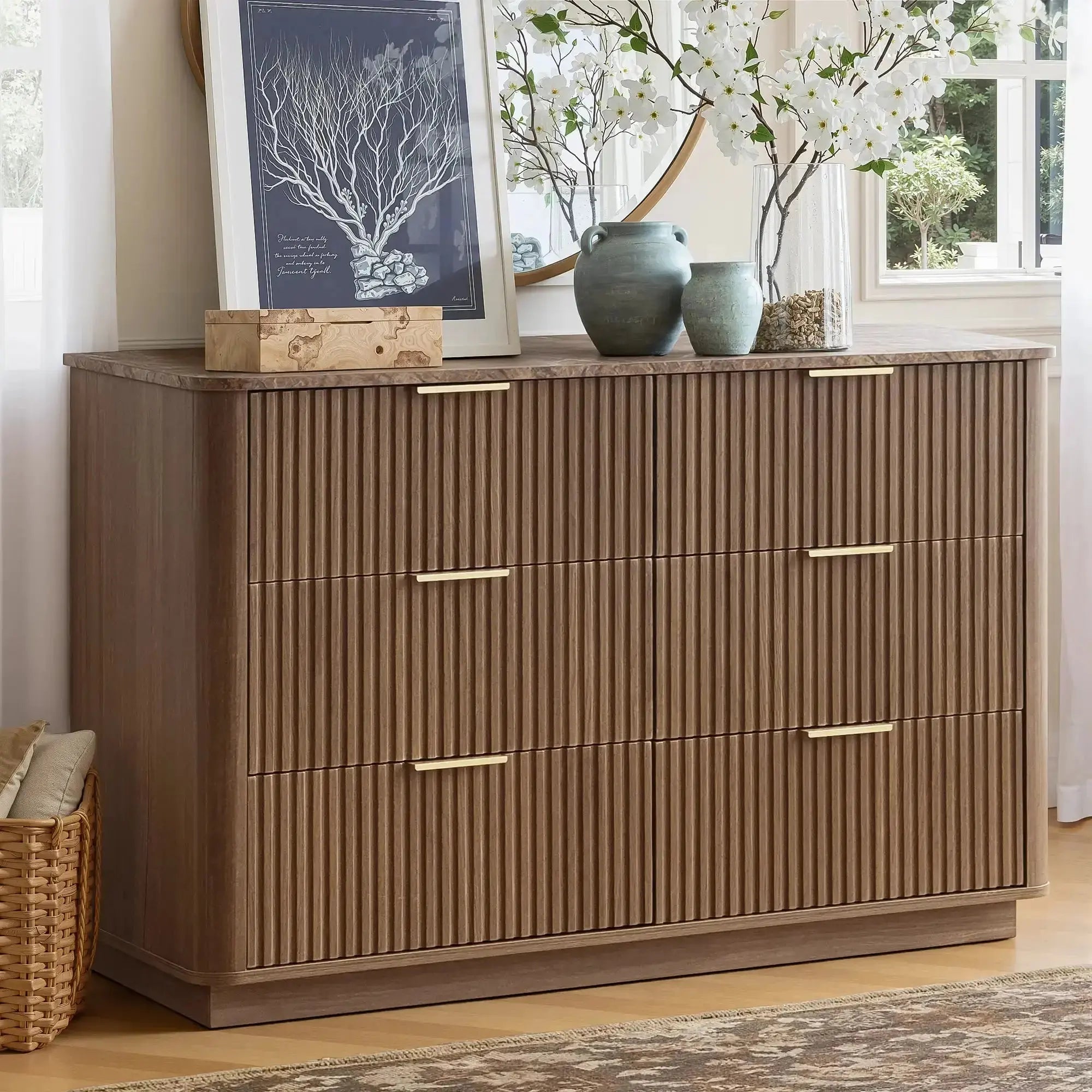 Win2Win Modern Boho 6-Drawer Dresser – walnut Fluted Chest win2win