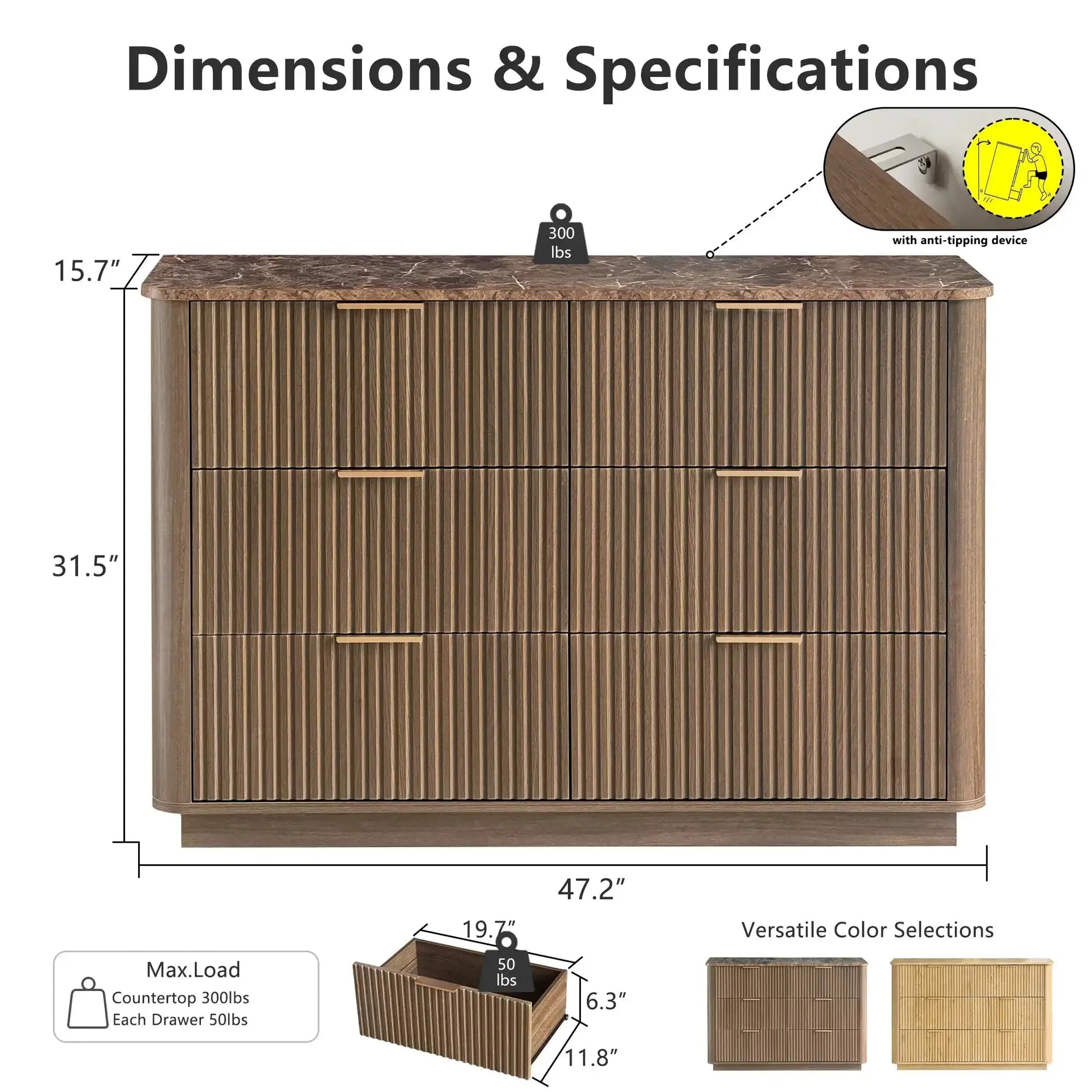 Win2Win Modern Boho 6-Drawer Dresser – walnut Fluted Chest win2win