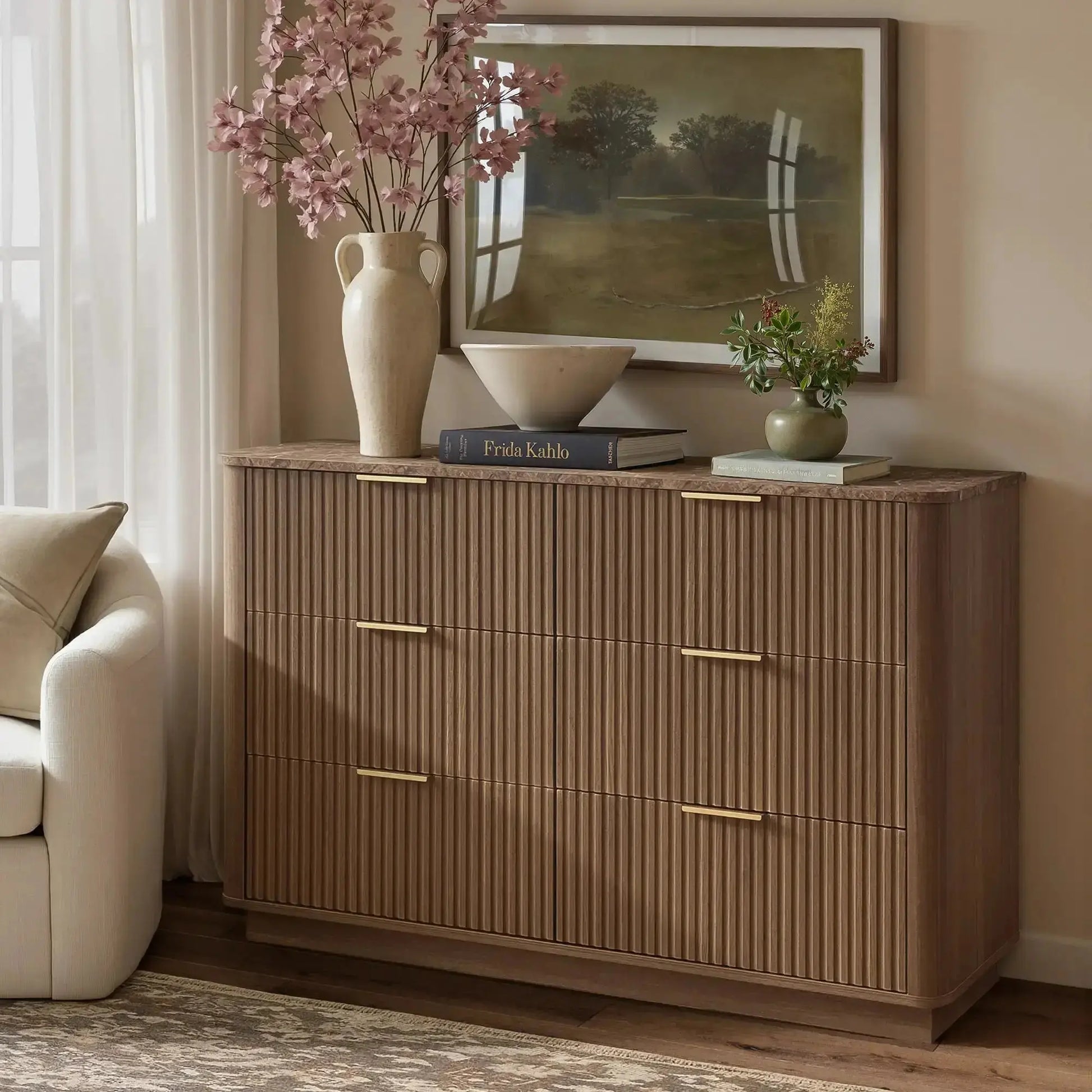 Win2Win Modern Boho 6-Drawer Dresser – walnut Fluted Chest win2win