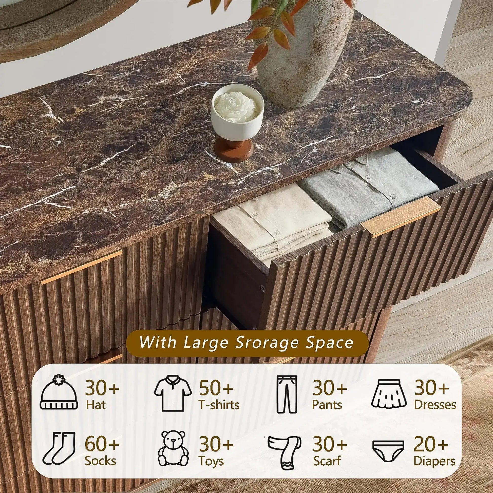 Win2Win Modern Boho 6-Drawer Dresser – walnut Fluted Chest win2win