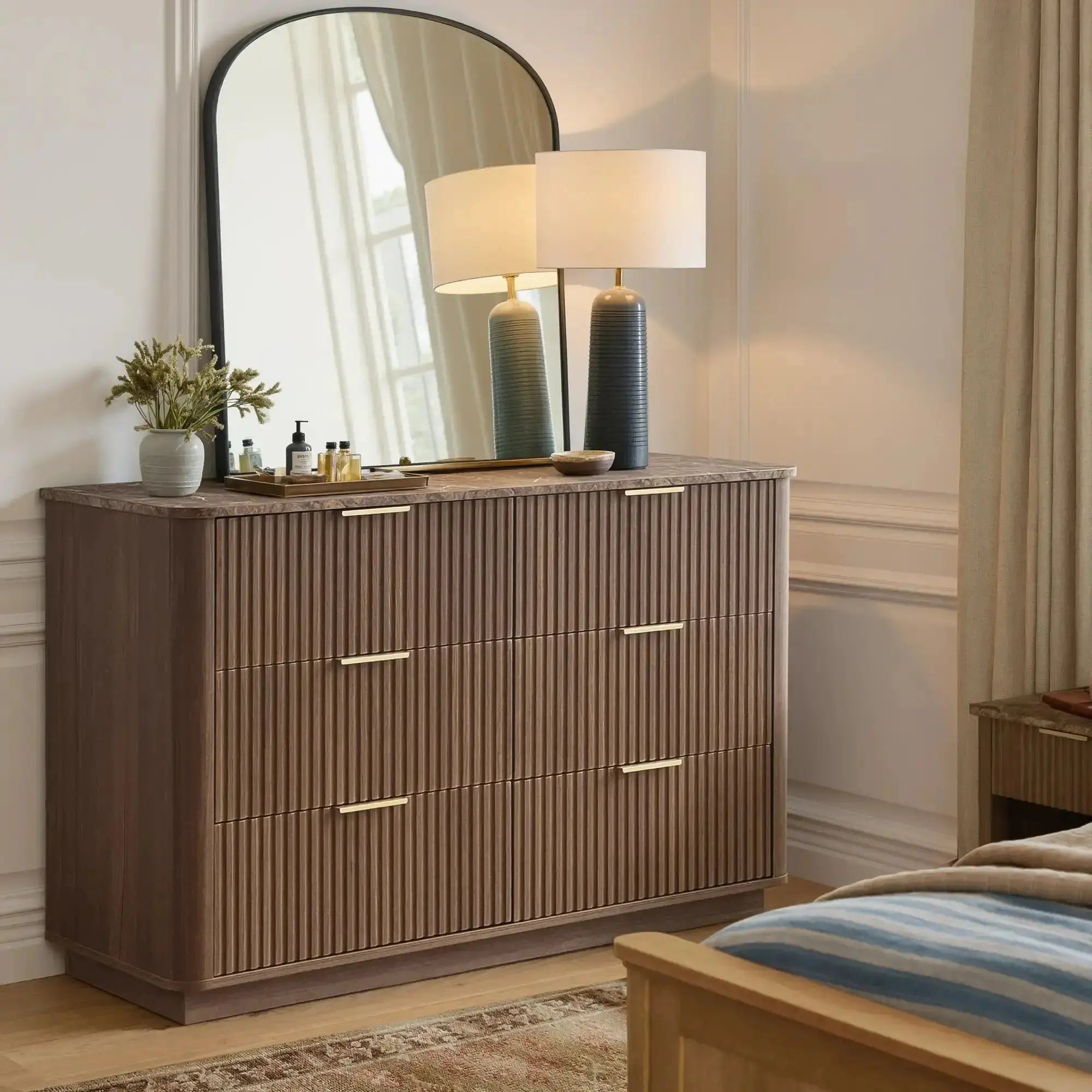 Win2Win Modern Boho 6-Drawer Dresser – walnut Fluted Chest win2win