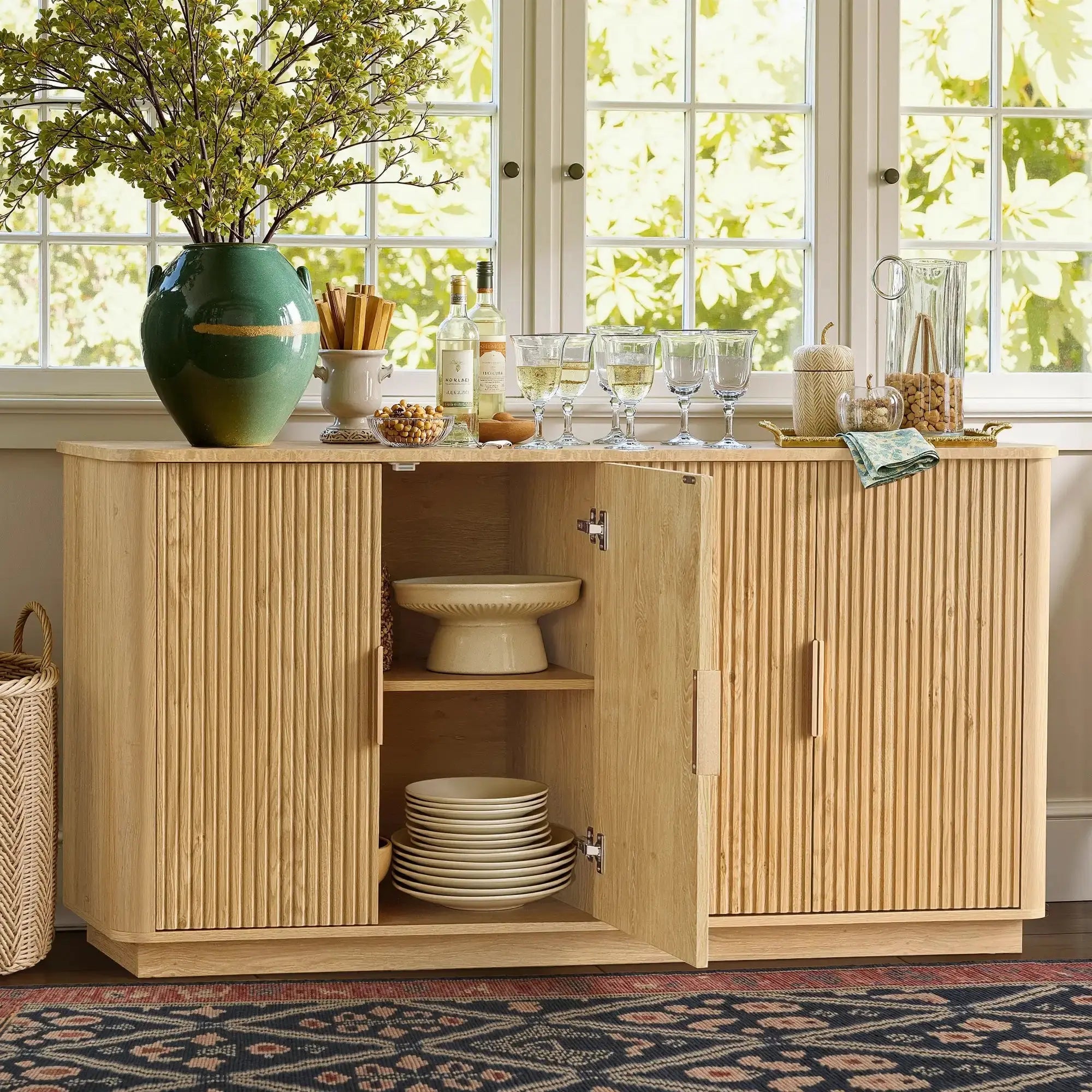 Win2Win Modern Boho 63" Fluted Sideboard – Oak | Curved Corner Credenza win2win