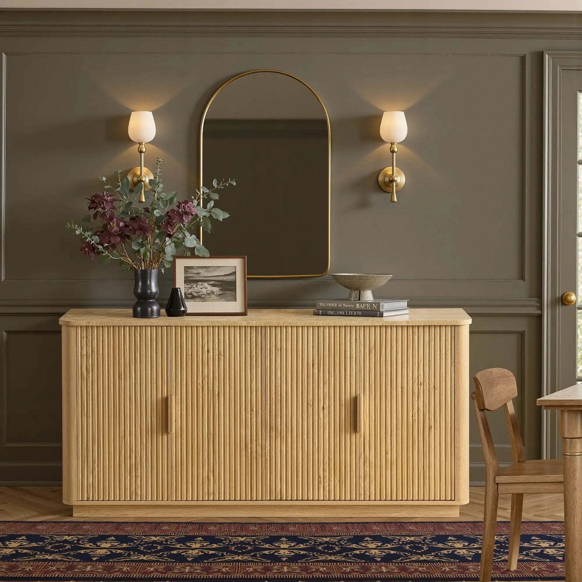 Win2Win Modern Boho 63" Fluted Sideboard – Oak | Curved Corner Credenza win2win