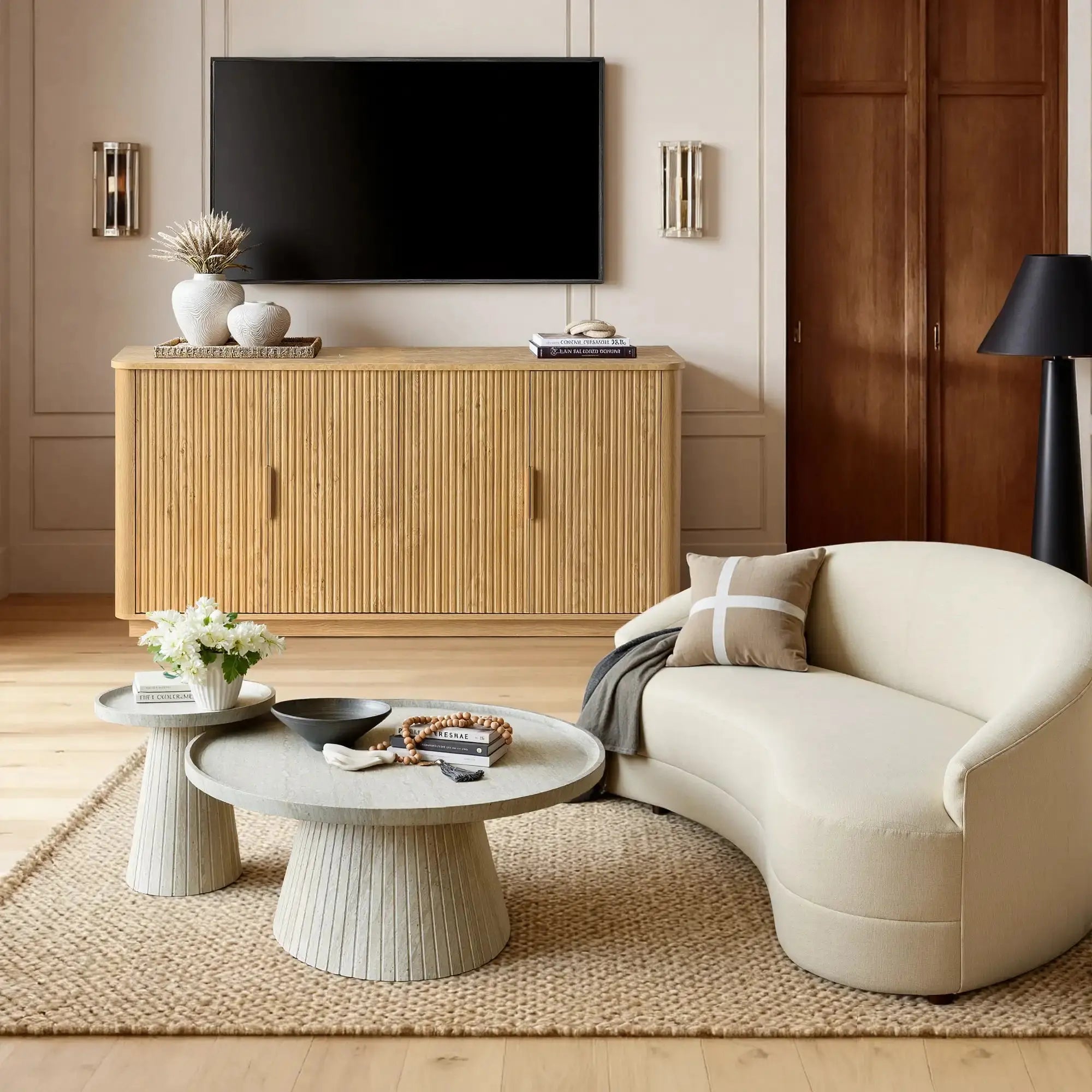 Win2Win Modern Boho 63" Fluted Sideboard – Oak | Curved Corner Credenza win2win