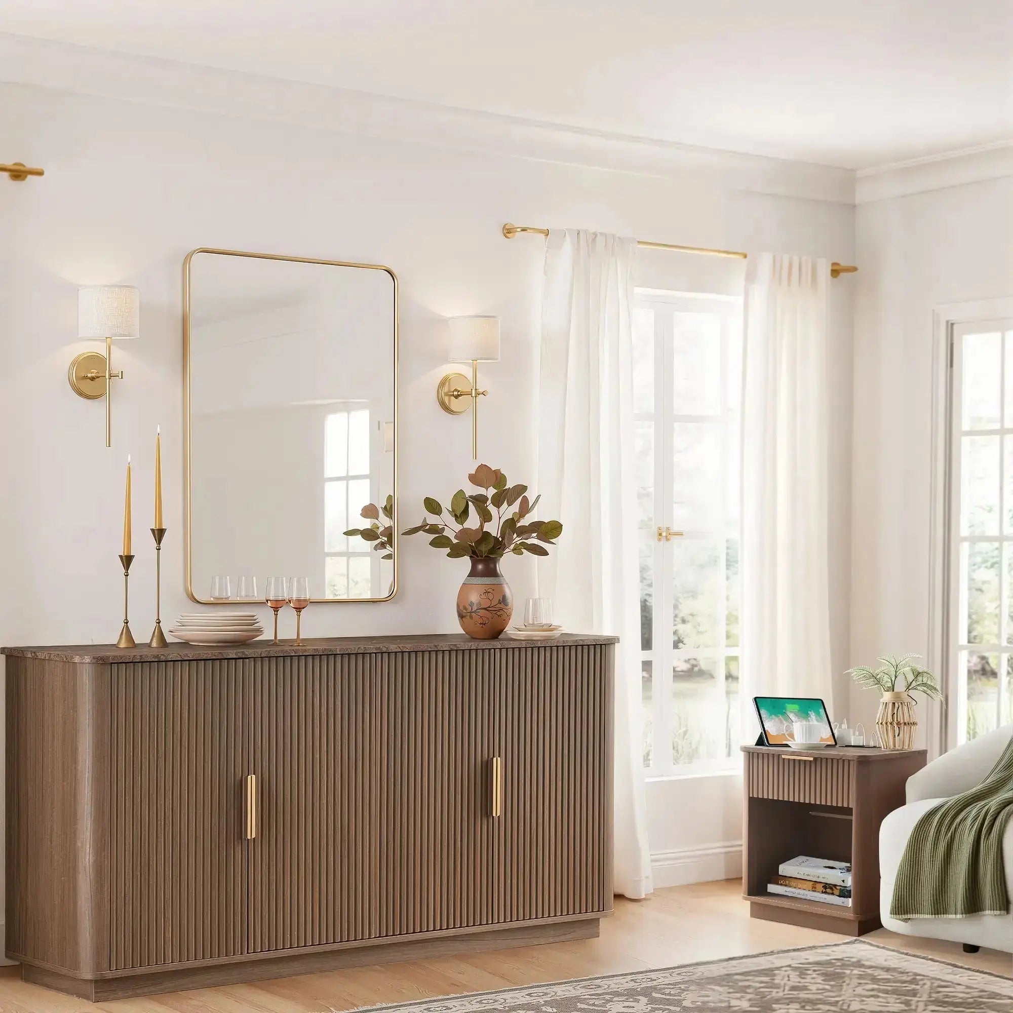 Win2Win Modern Boho 63" Fluted Sideboard – Walnut | Curved Corner Credenza win2win