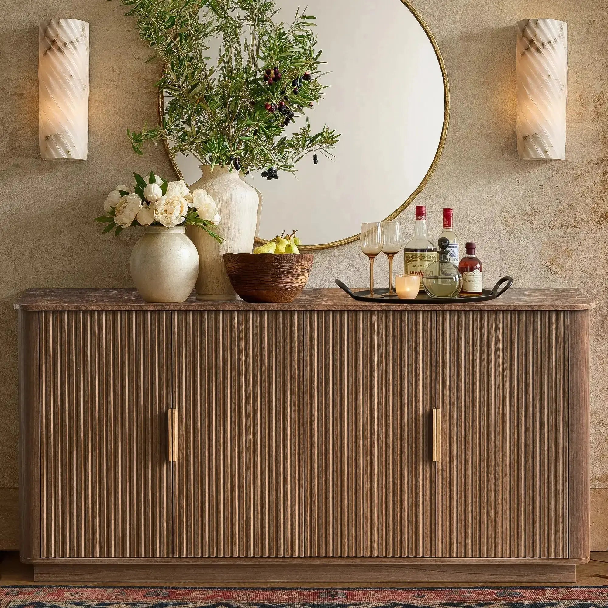 Win2Win Modern Boho 63" Fluted Sideboard – Walnut | Curved Corner Credenza win2win