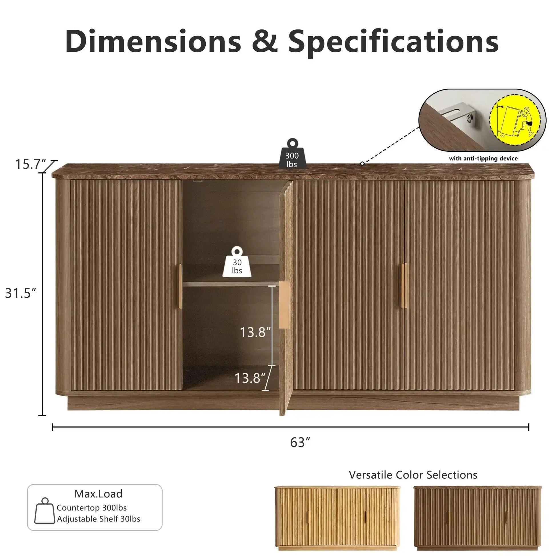 Win2Win Modern Boho 63" Fluted Sideboard – Walnut | Curved Corner Credenza win2win