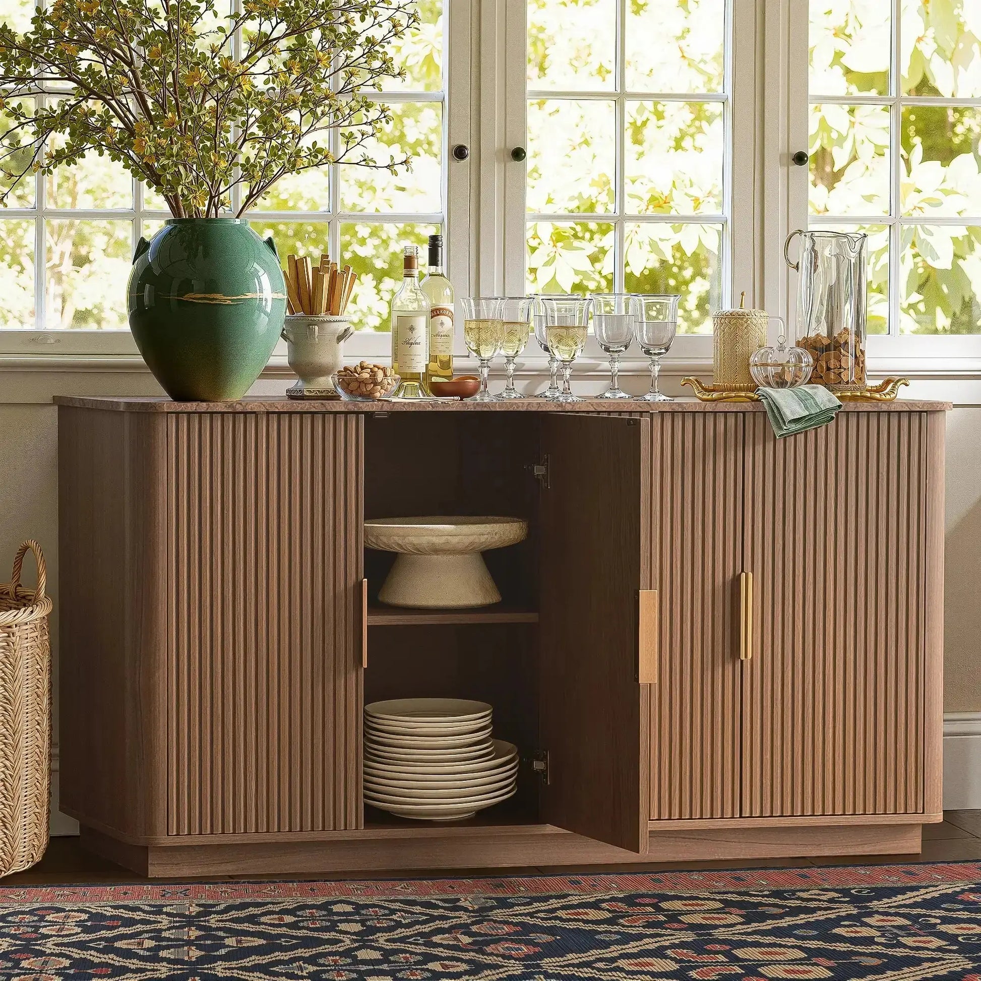 Win2Win Modern Boho 63" Fluted Sideboard – Walnut | Curved Corner Credenza win2win