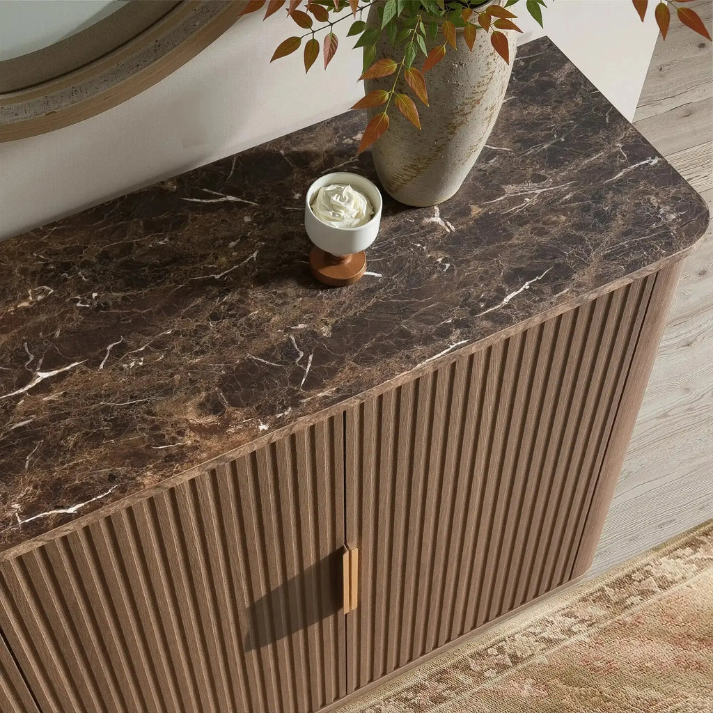 Win2Win Modern Boho 63" Fluted Sideboard – Walnut | Curved Corner Credenza win2win