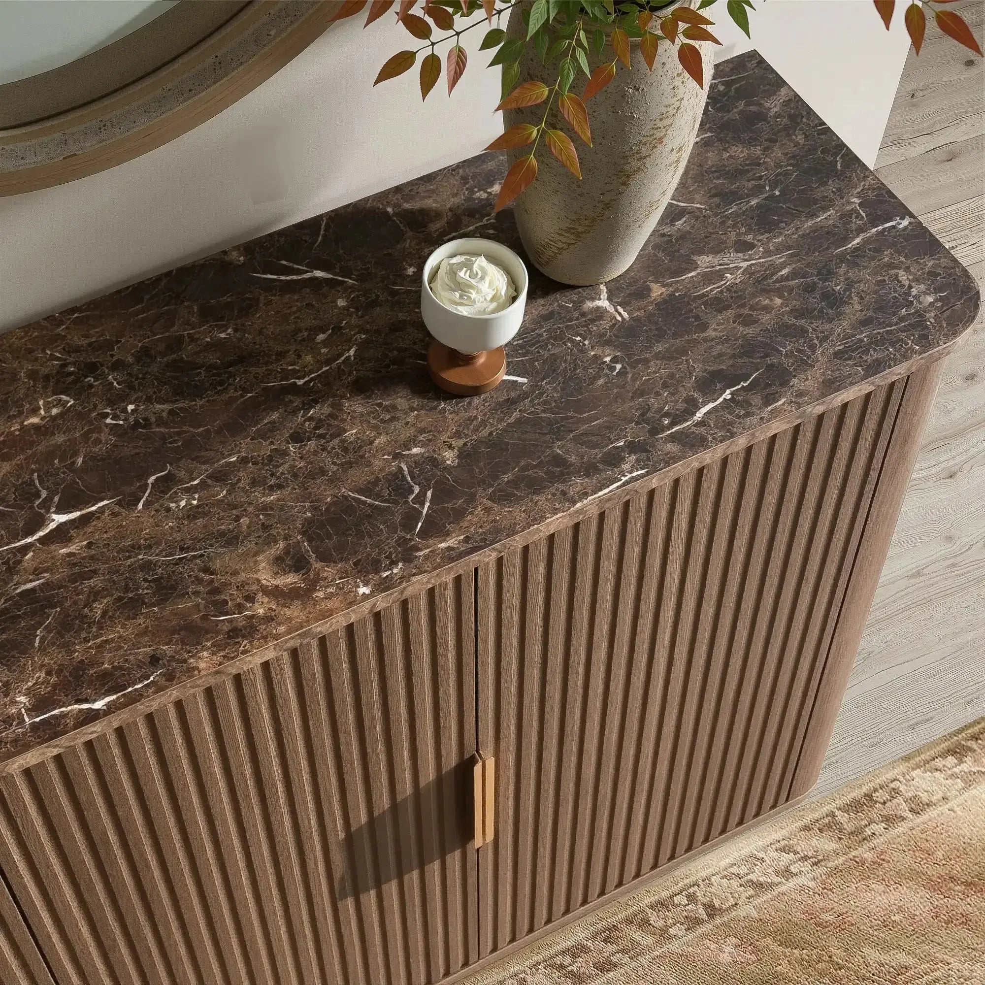 Win2Win Modern Boho 63" Fluted Sideboard – Walnut | Curved Corner Credenza win2win