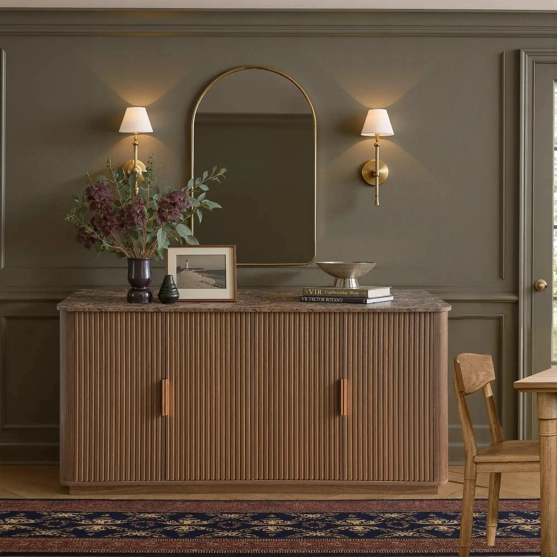 Win2Win Modern Boho 63" Fluted Sideboard – Walnut | Curved Corner Credenza win2win