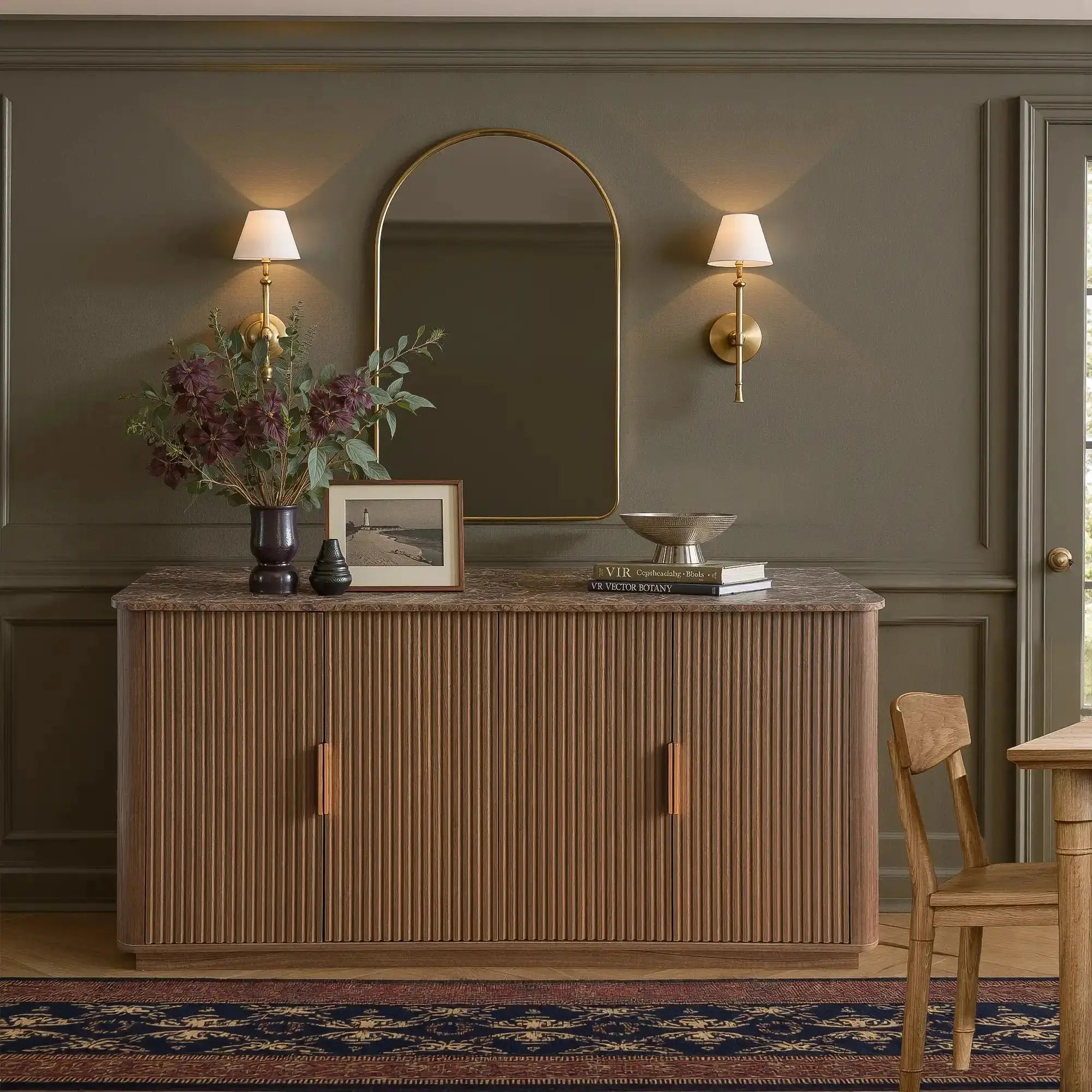 Win2Win Modern Boho 63" Fluted Sideboard – Walnut | Curved Corner Credenza win2win
