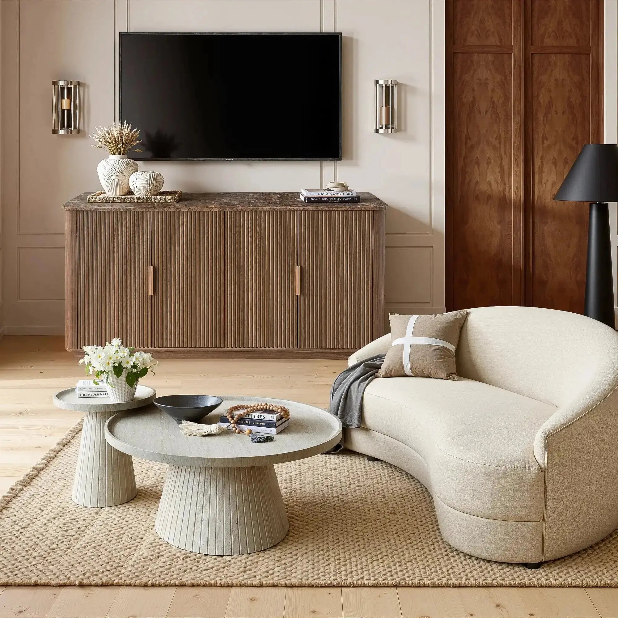 Win2Win Modern Boho 63" Fluted Sideboard – Walnut | Curved Corner Credenza win2win