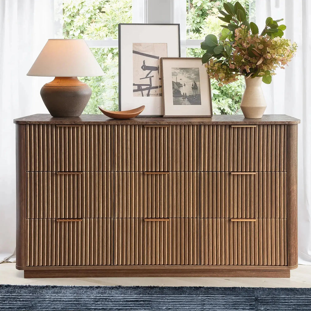 Win2Win Modern Boho 9-Drawer Dresser – walnut Fluted Chest win2win