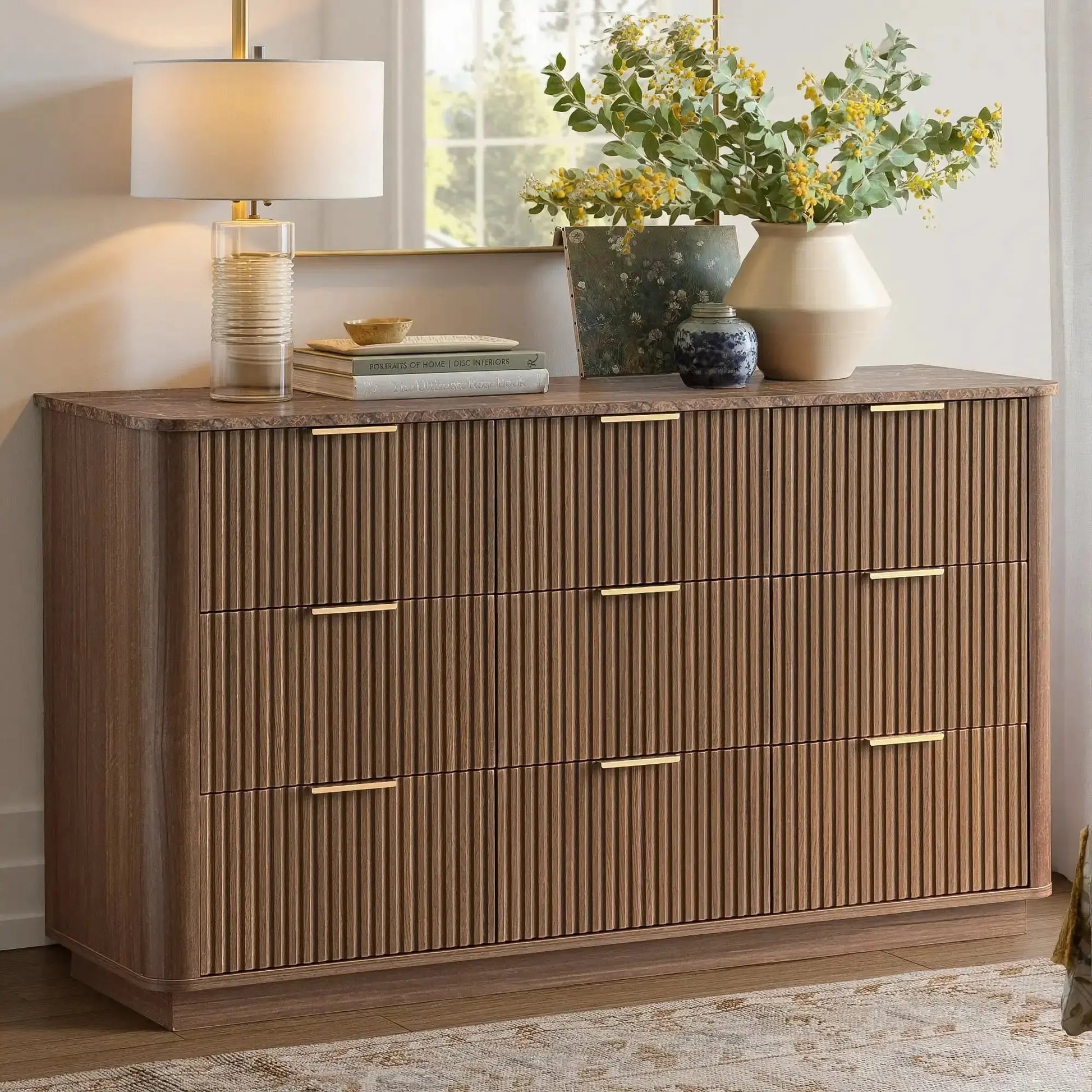 Win2Win Modern Boho 9-Drawer Dresser – walnut Fluted Chest win2win