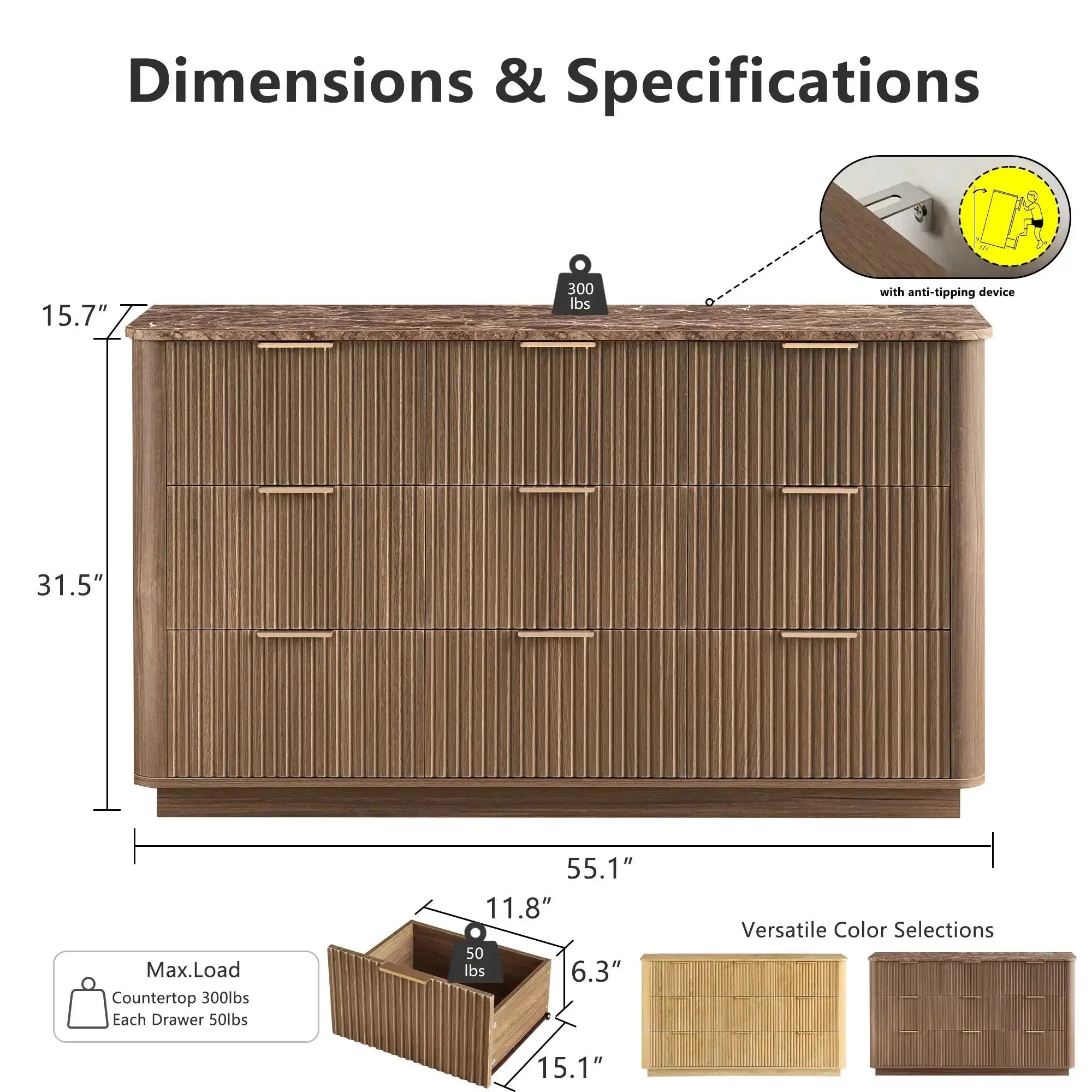 Win2Win Modern Boho 9-Drawer Dresser – walnut Fluted Chest win2win