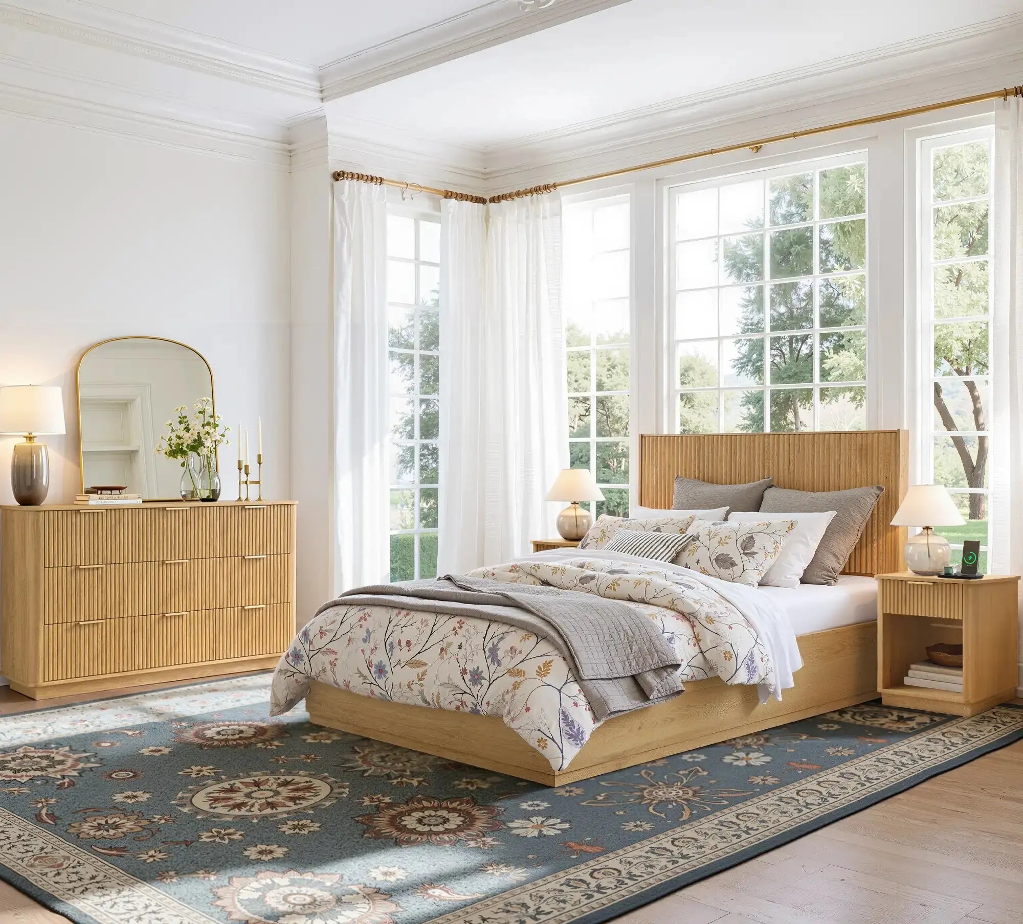 Win2Win Fluted Nightstand with Charging Station, Oak Bedside Table win2win