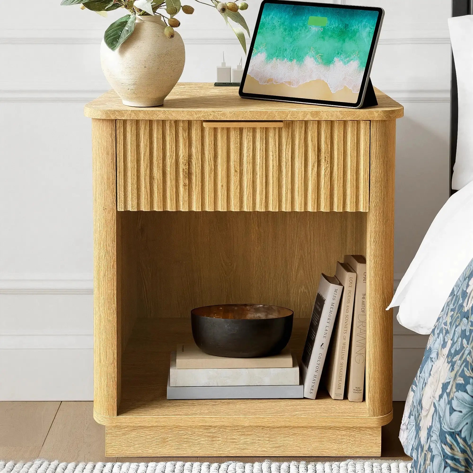 Win2Win Fluted Nightstand with Charging Station, Oak Bedside Table win2win