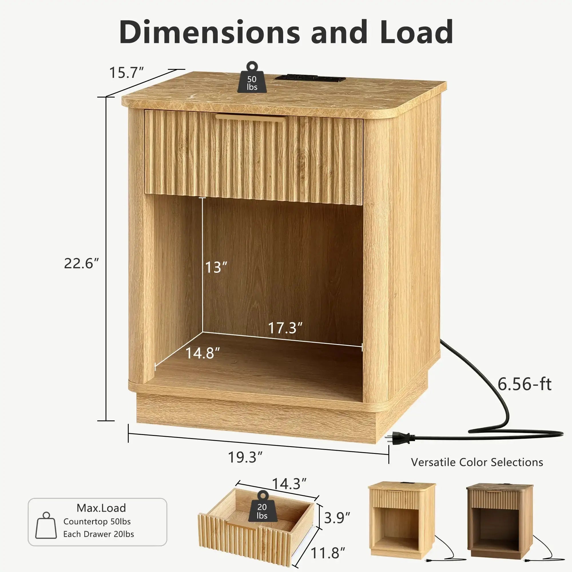 Win2Win Fluted Nightstand with Charging Station, Oak Bedside Table win2win