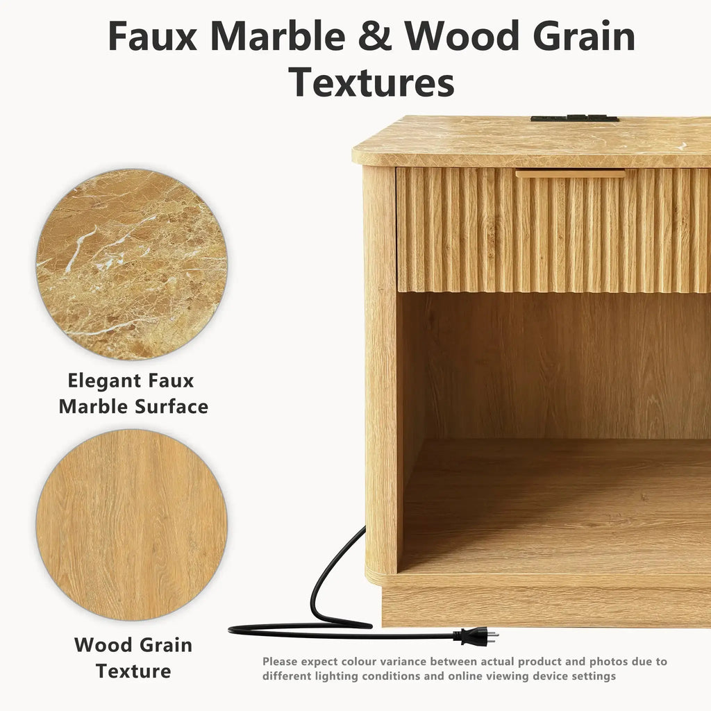 Win2Win Fluted Nightstand with Charging Station, Oak Bedside Table win2win