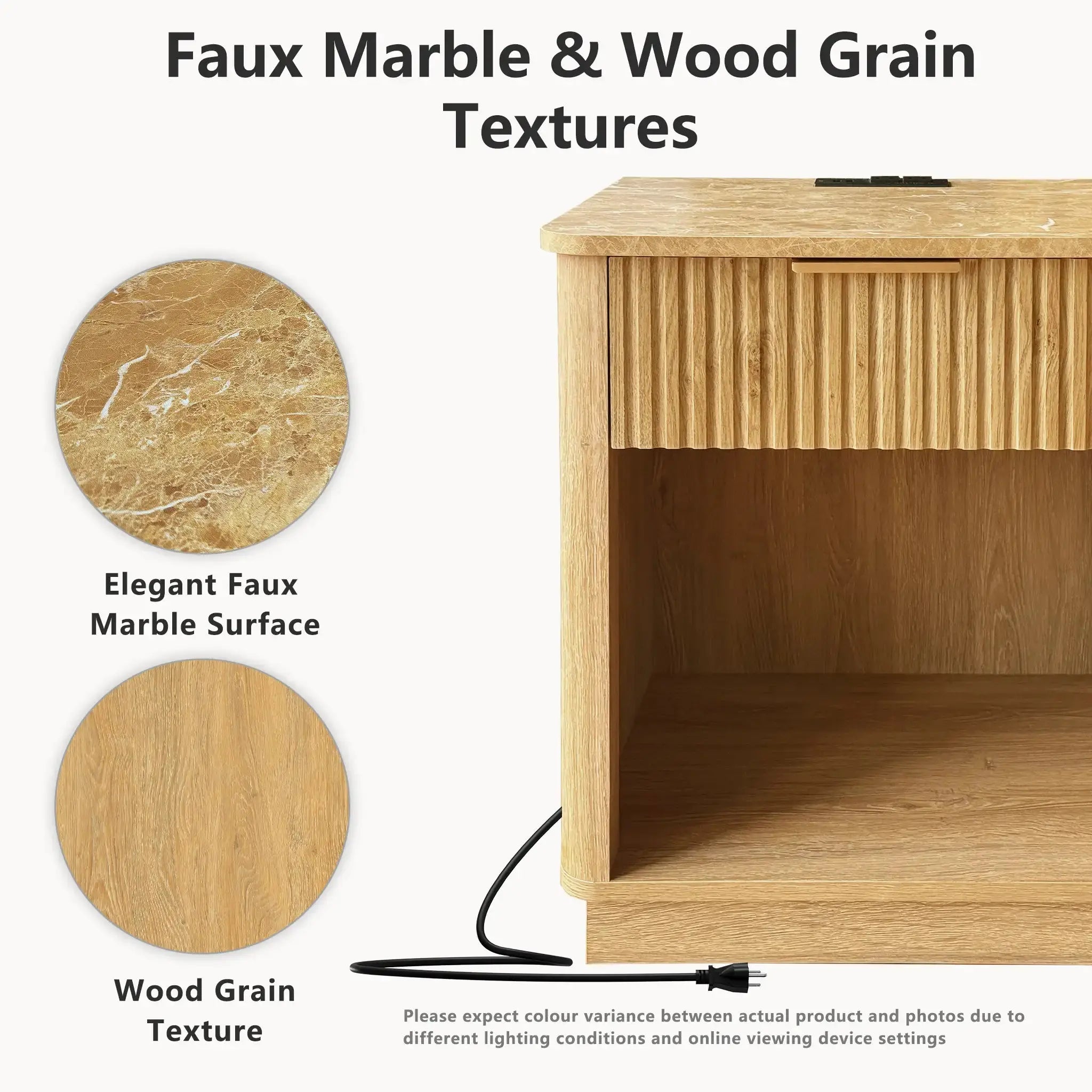 Win2Win Fluted Nightstand with Charging Station, Oak Bedside Table win2win
