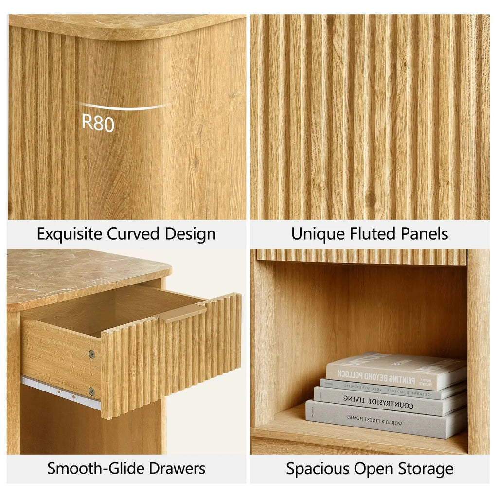 Win2Win Fluted Nightstand with Charging Station, Oak Bedside Table win2win