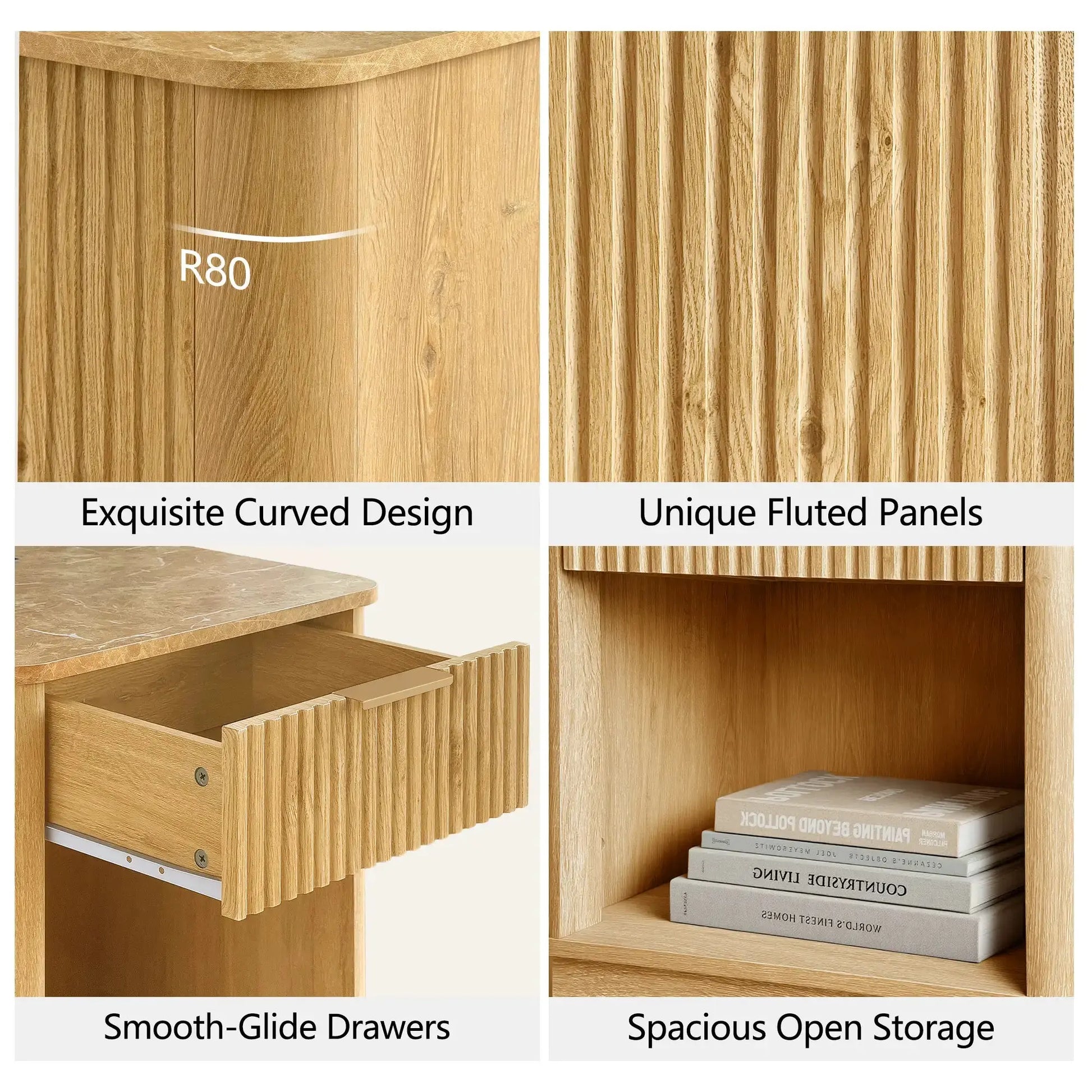 Win2Win Fluted Nightstand with Charging Station, Oak Bedside Table win2win